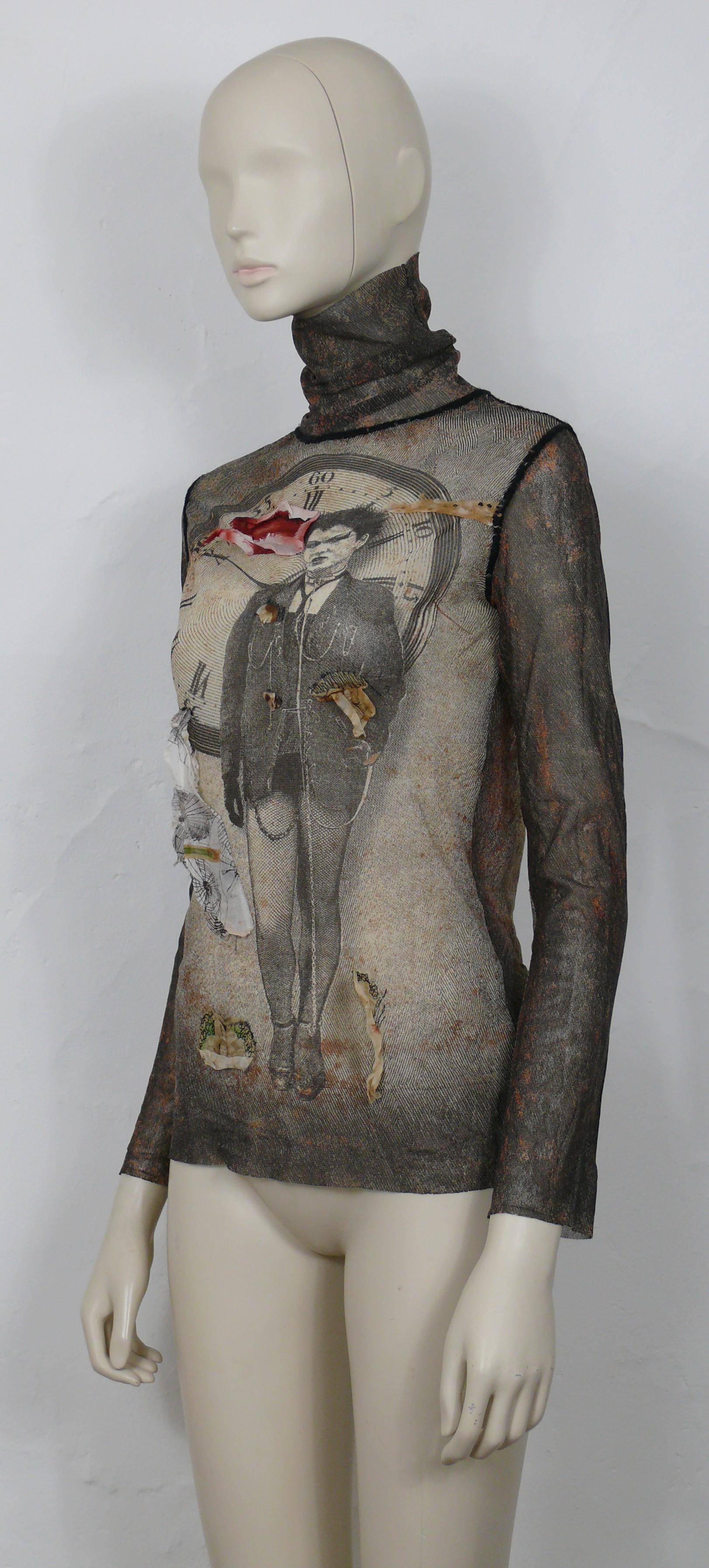 Jean Paul Gaultier Vintage Sheer Mesh Punk Lady an Clock Print Turtleneck Top In Good Condition For Sale In Nice, FR