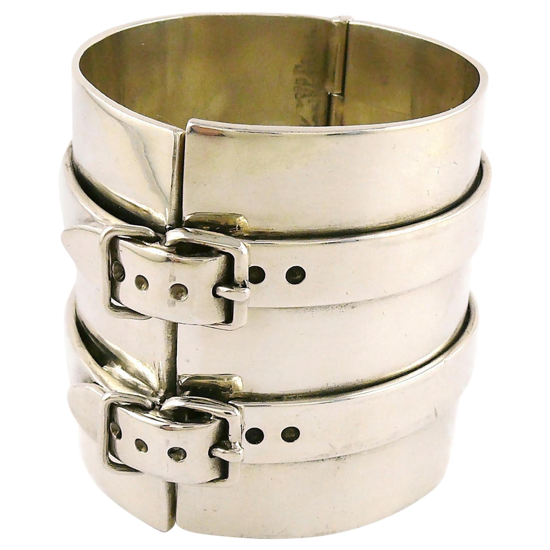 Jean Paul Gaultier Vintage Silver Toned Wide Cuff Bracelet with Buckle Details For Sale