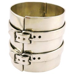 Jean Paul Gaultier Retro Silver Toned Wide Cuff Bracelet with Buckle Details