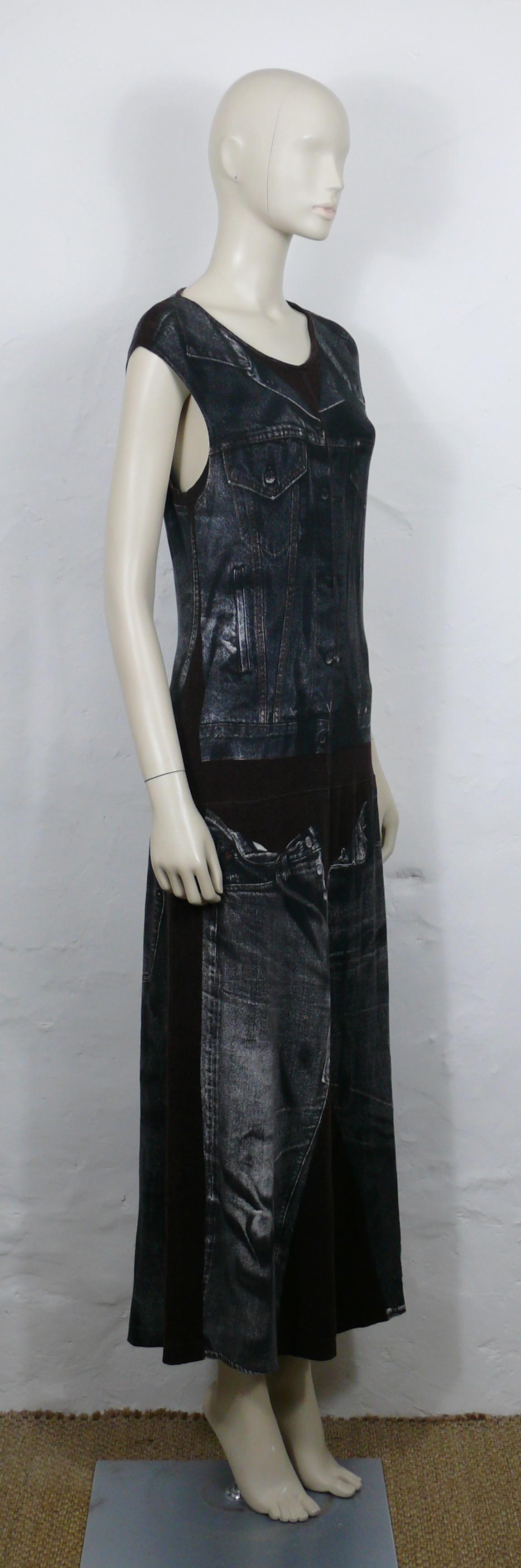 JEAN PAUL GAULTIER vintage sleevless maxi jersey dress featuring an x-ray screen trompe l’œil jean jacket and jeans on the front and back.

This dress features :
- Plum jersey background featuring distressed black/white x-ray screen trompe l’œil