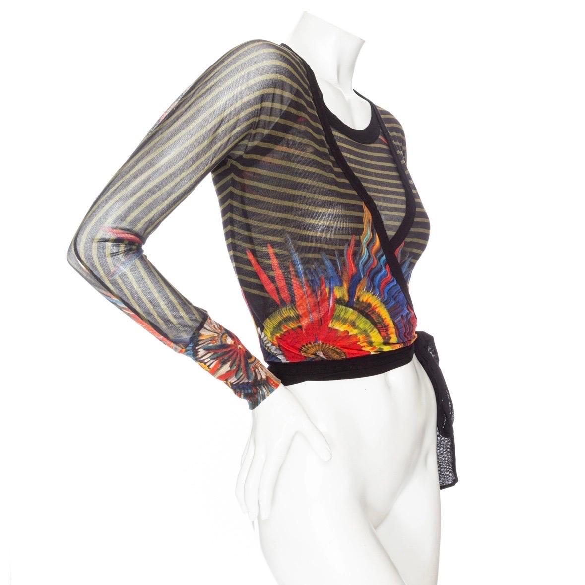 Jean Paul Gaultier Vintage Soleil Black Striped Abstract Floral Print Long Sleeve Wrap Top and Tank Top Set 

Vintage; circa 2000s
Matching set includes wrap top and tank
Multicolored: black, brown, orange, red, blue, purple
Striped and abstract