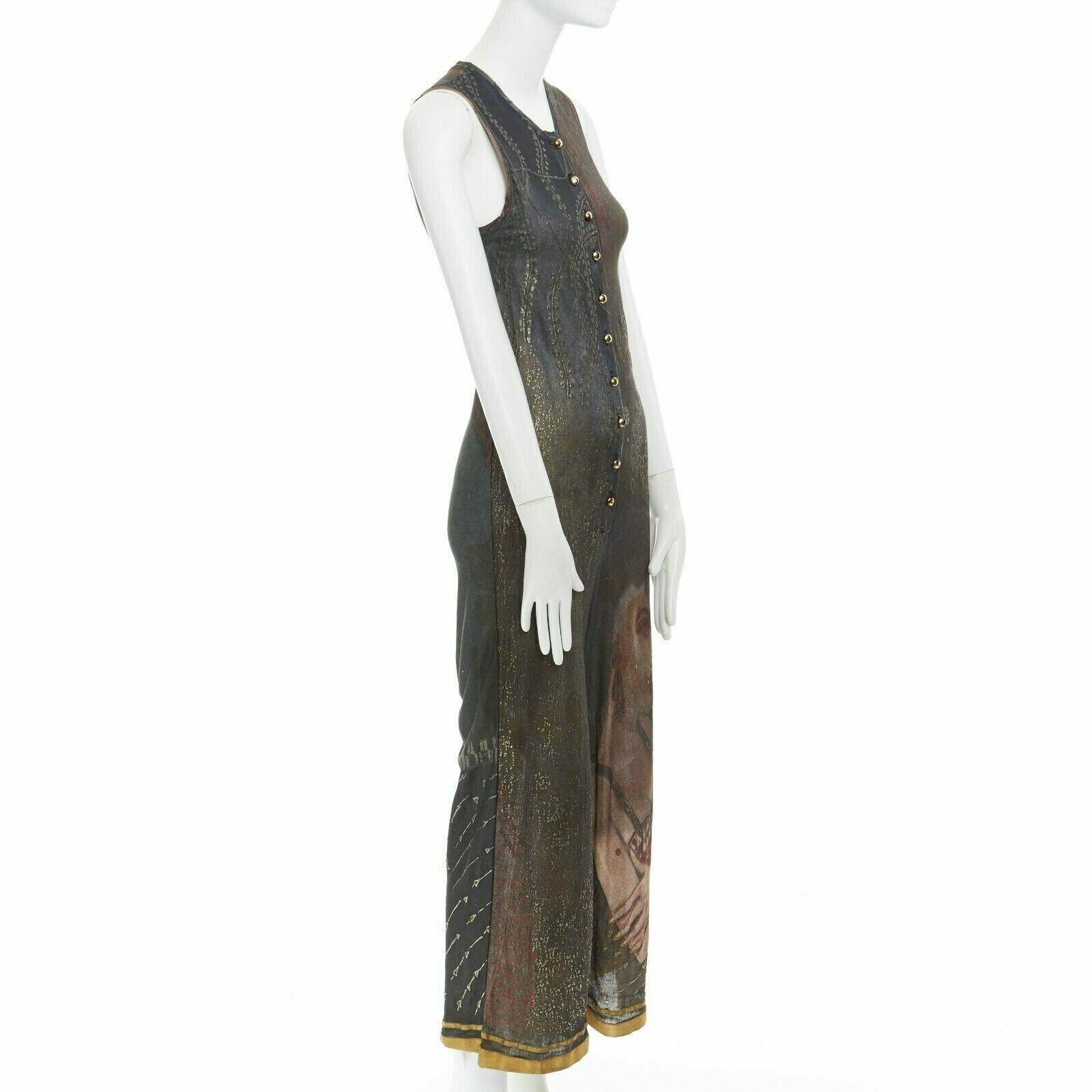 JEAN PAUL GAULTIER Vintage SS89 Klimt ethnic oriental face jumpsuit IT38 US2 
Reference: CRTI/A00070 
Brand: Jean Paul Gaultier 
Material: Viscose 
Color: Brown 
Pattern: Other 
Closure: Button 
Extra Detail: Viscose. Light brow. Splattered washed