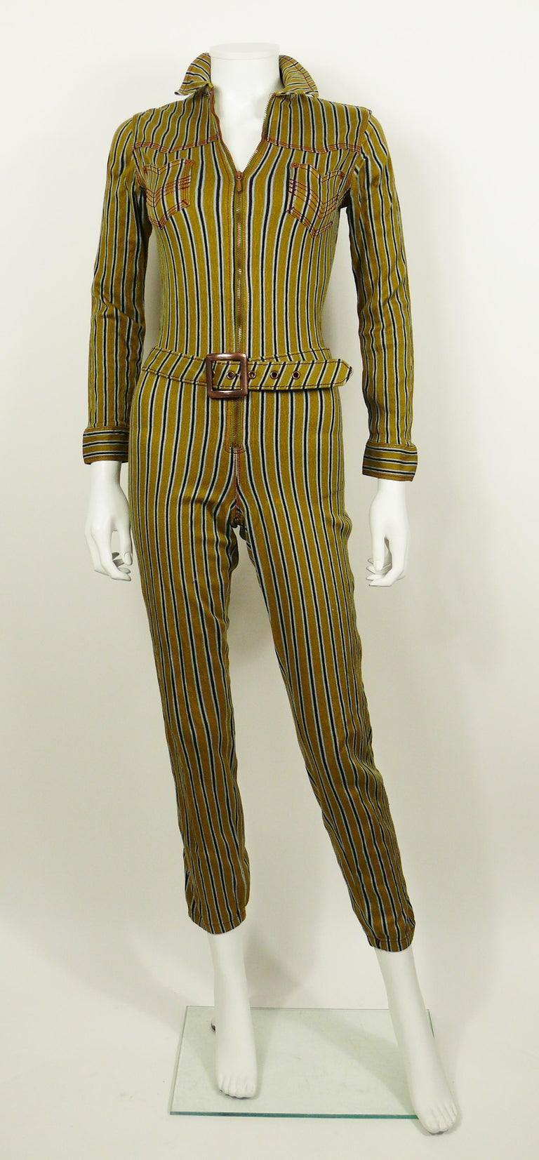 Brown Jean Paul Gaultier Vintage Striped Zip-Front Utility Jumpsuit For Sale