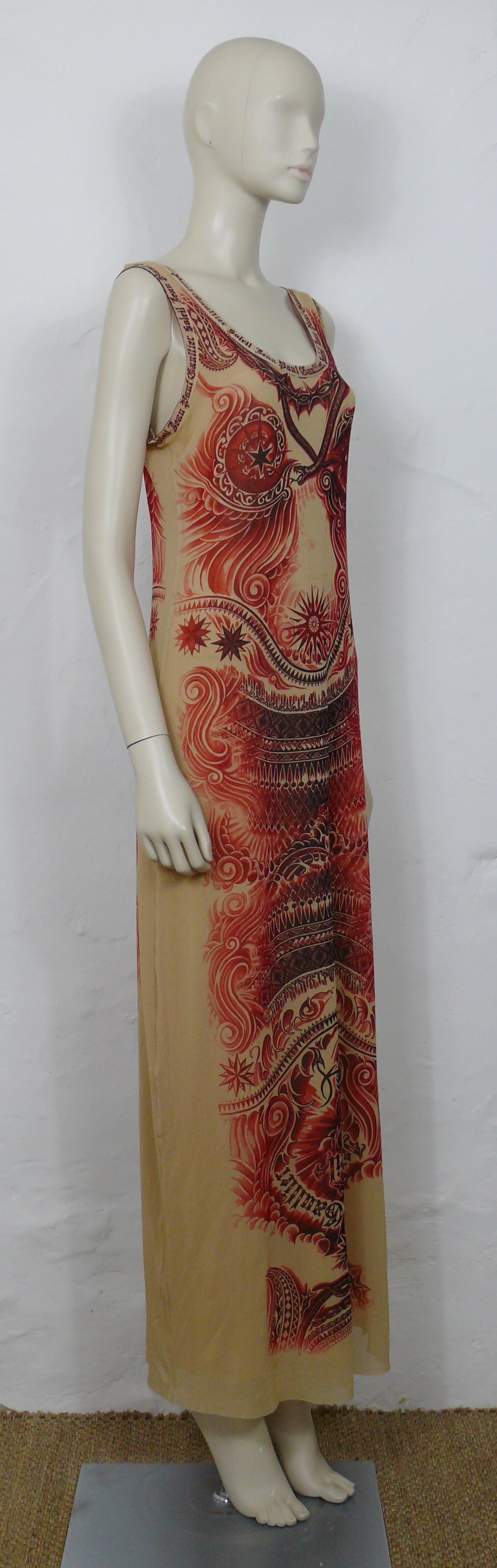 JEAN PAUL GAULTIER vintage skin coloured semi sheer mesh maxi dress featuring a gorgeous and opulent tattoo print in red shades with friezes, scrolls, stars, compass roses, barbed wires, snakes and 