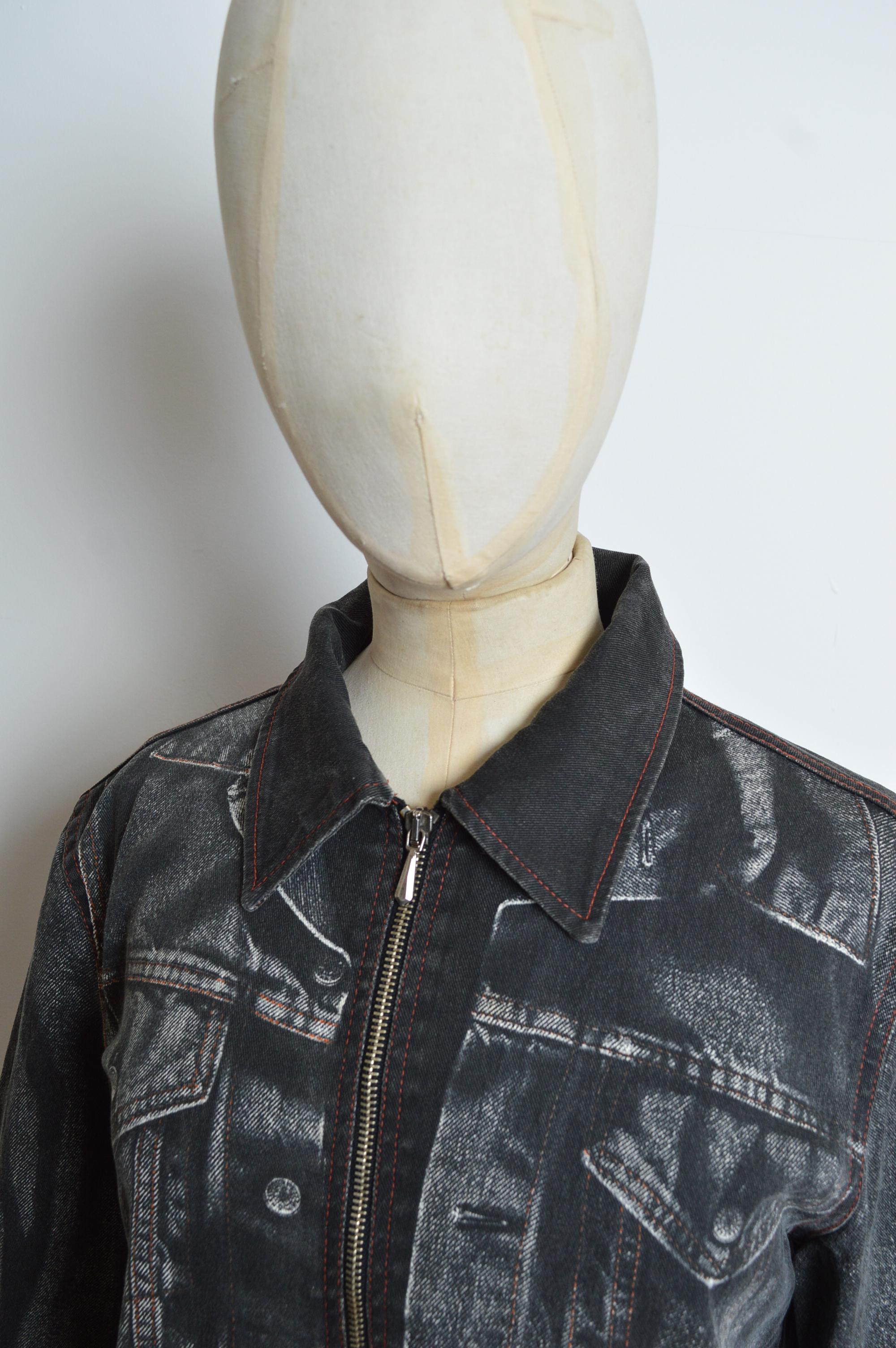 Jean Paul Gaultier Vintage Trompe L'oeil Black printed Denim Jacket For Sale 8