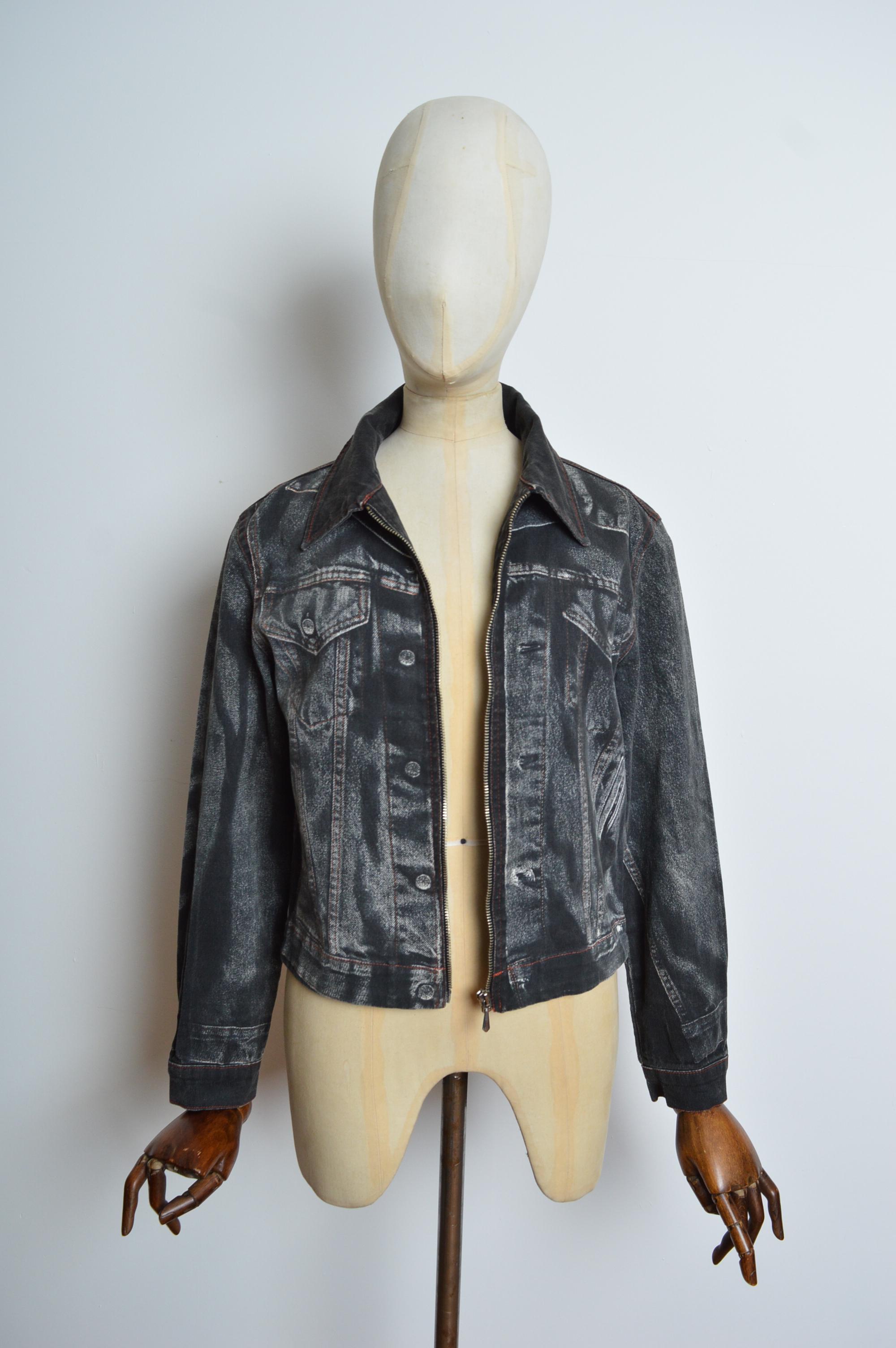 Jean Paul Gaultier Vintage Trompe L'oeil Black printed Denim Jacket For Sale 9