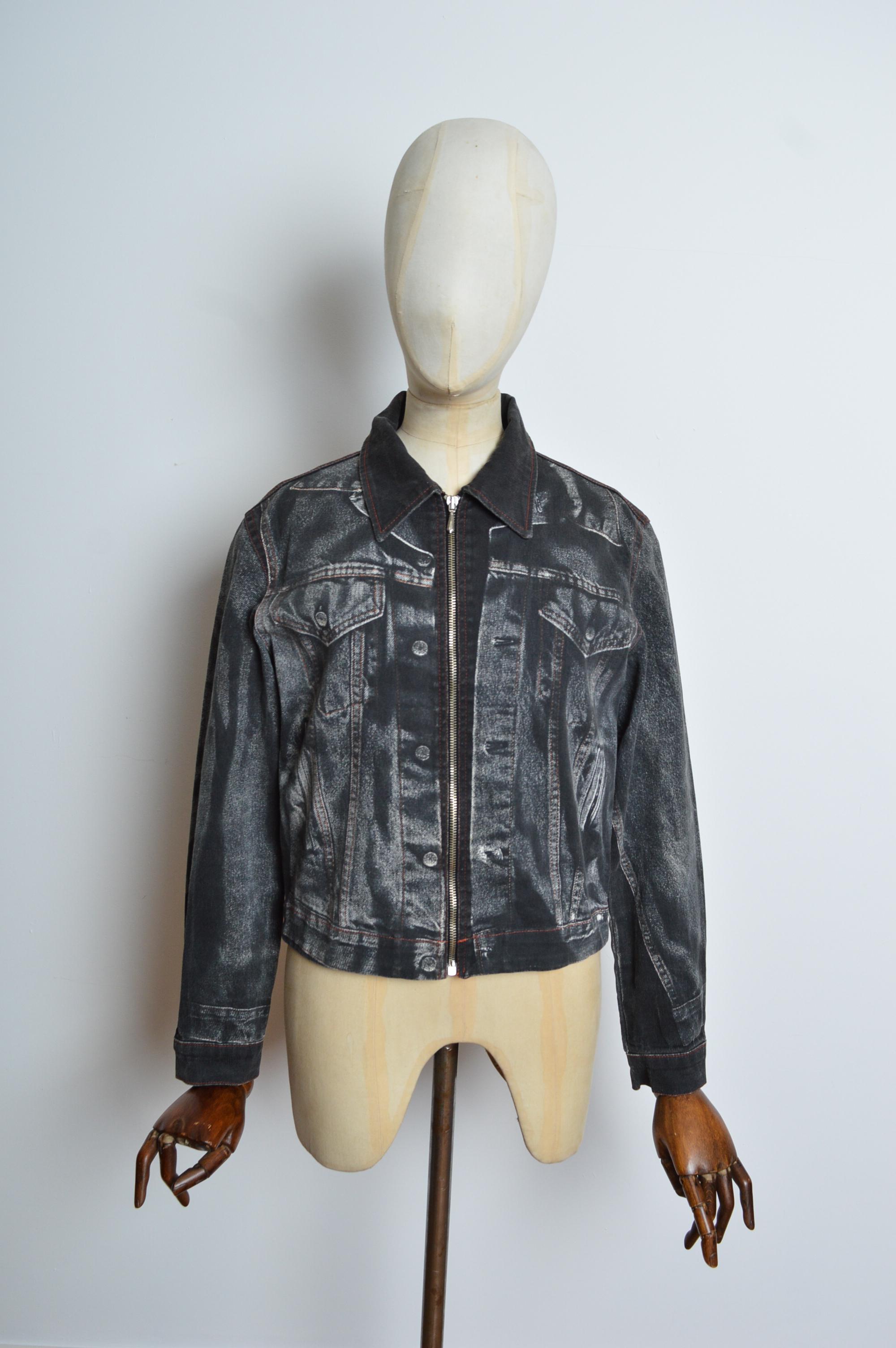 Jean Paul Gaultier Vintage Trompe L'oeil Black printed Denim Jacket For Sale 11