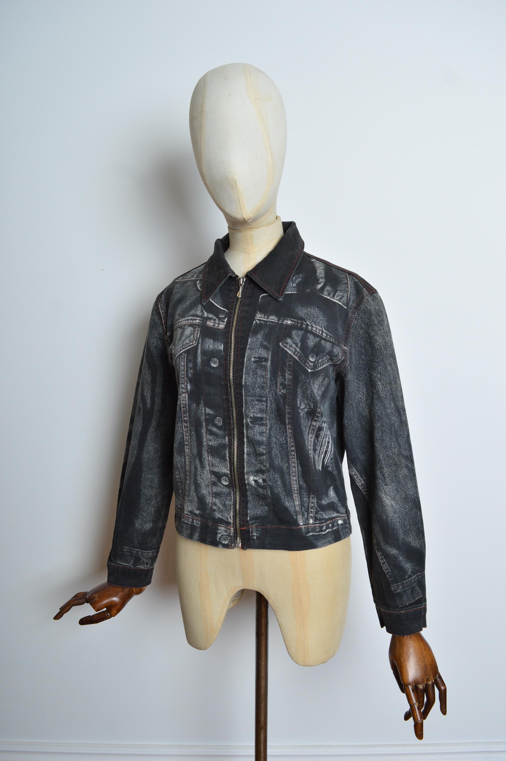 Jean Paul Gaultier Vintage Trompe L'oeil Chaqueta vaquera negra estampada Negro en venta