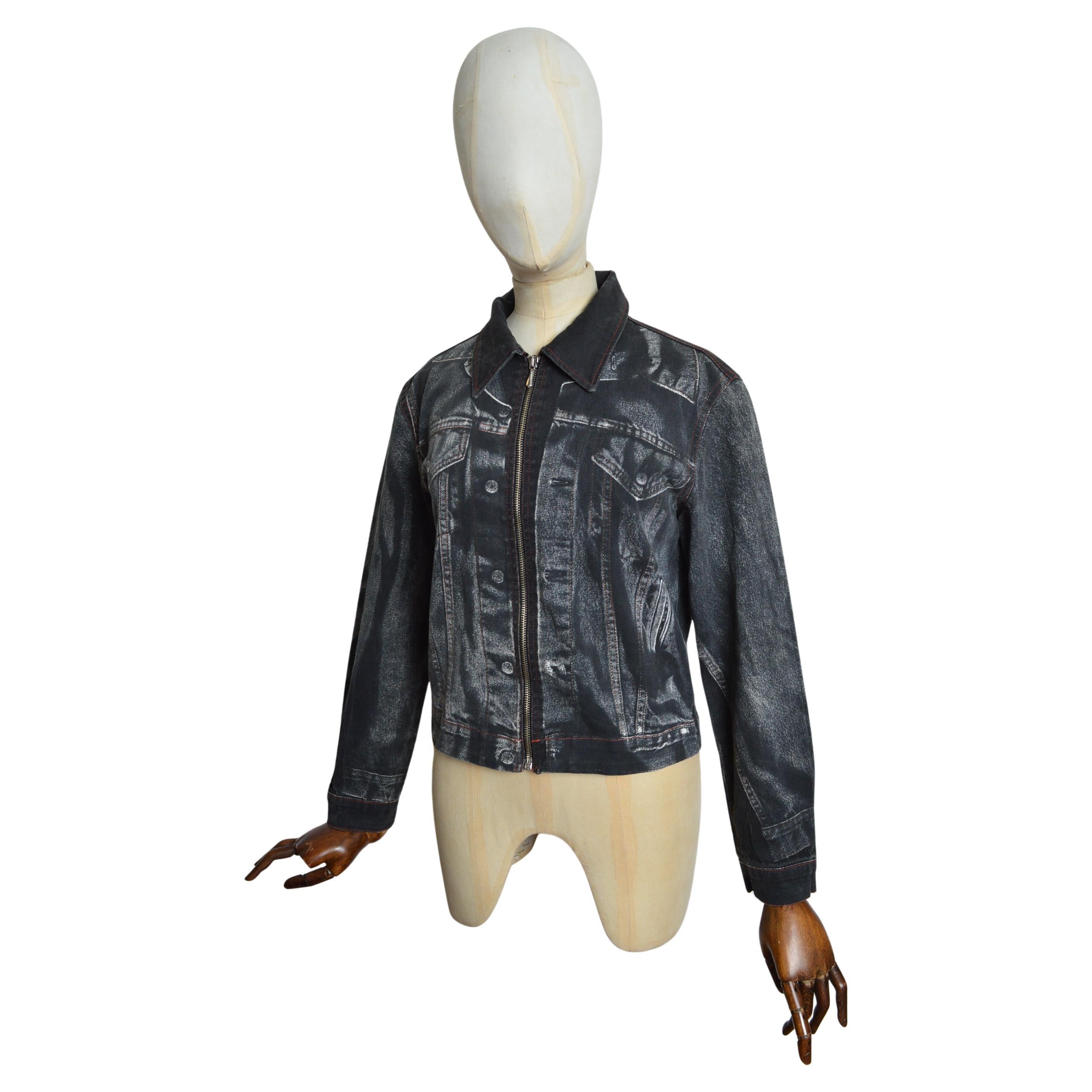 Jean Paul Gaultier Vintage Trompe L'oeil Black printed Denim Jacket For Sale