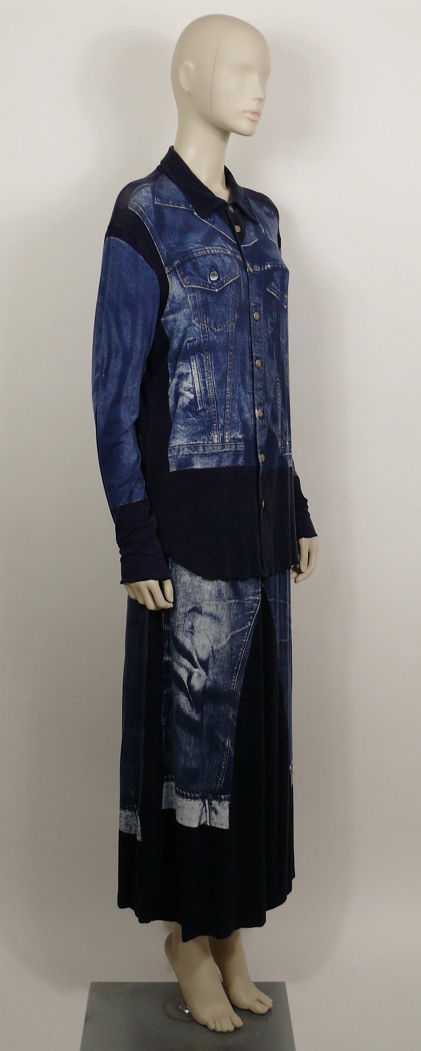 JEAN PAUL GAULTIER vintage skirt and shirt ensemble featuring an x-ray screen trompe l’œil denim on front and back.

The SHIRT features :
- Navy blue jersey background featuring distressed blue/white x-ray screen trompe l’œil denim jacket print.
-
