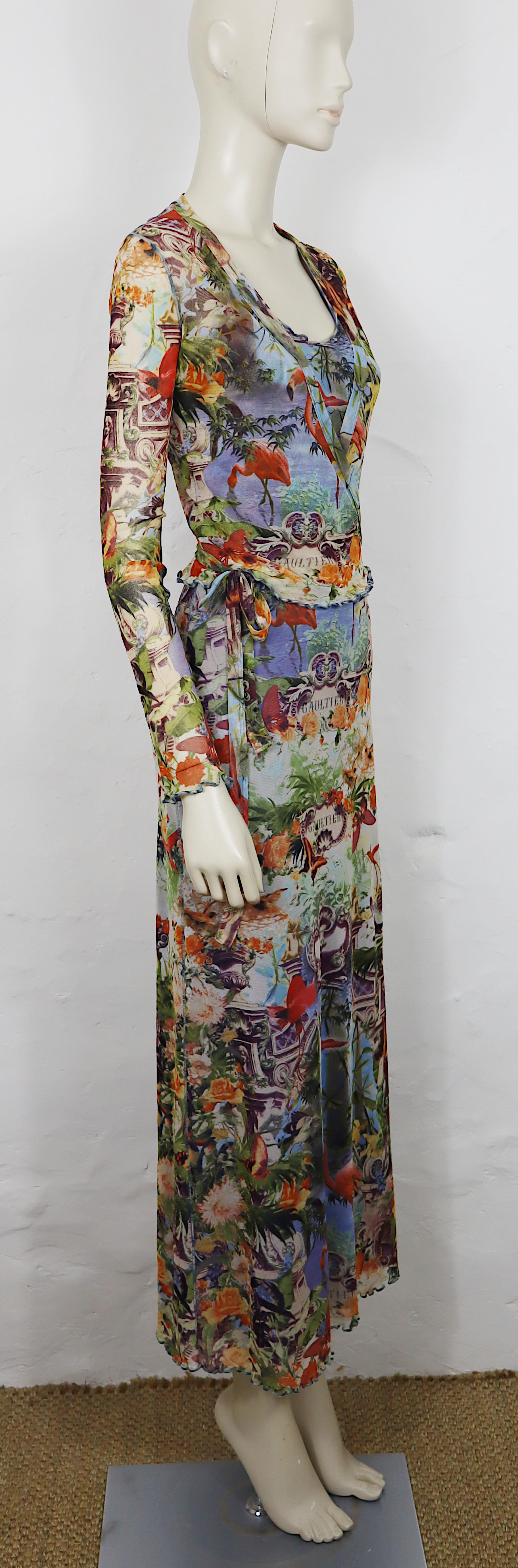 JEAN PAUL GAULTIER vintage tropical print mesh two-piece ensemble including a maxi dress and a matching long-sleeved wrap top.

The dress features :
- Multicolored tropical print featuring flamingos, butterflies, birds, architectural elements and