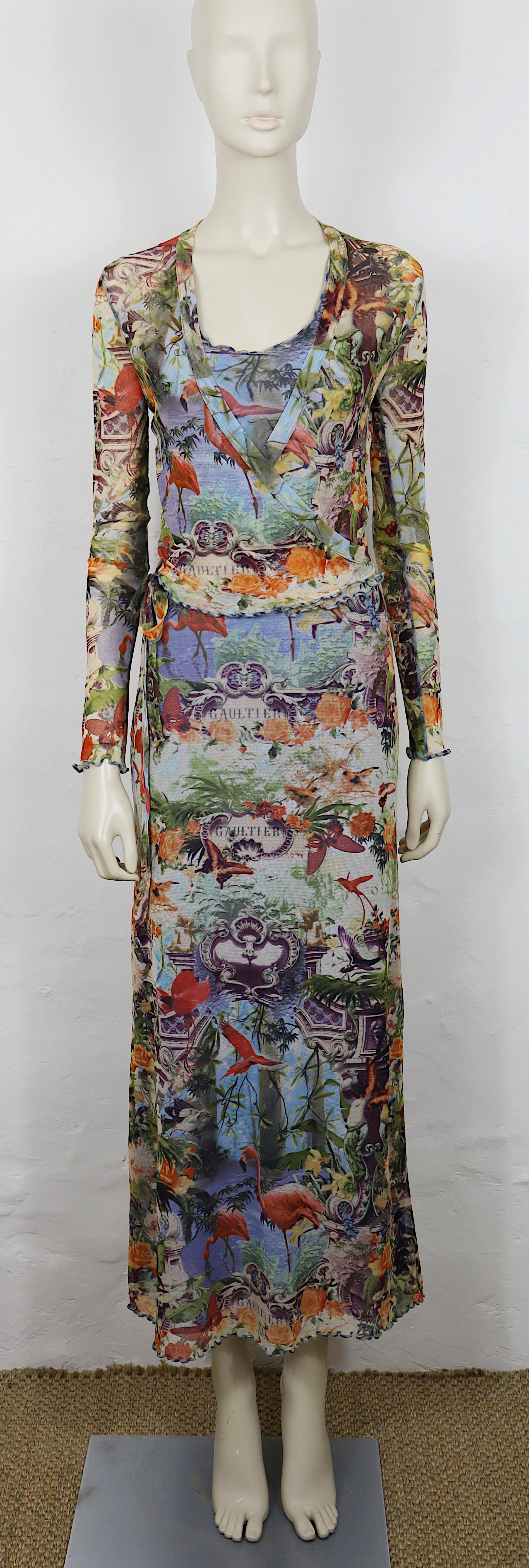 JEAN PAUL GAULTIER Vintage Tropical Flamingo Mesh Two-Piece Ensemble Gris en venta
