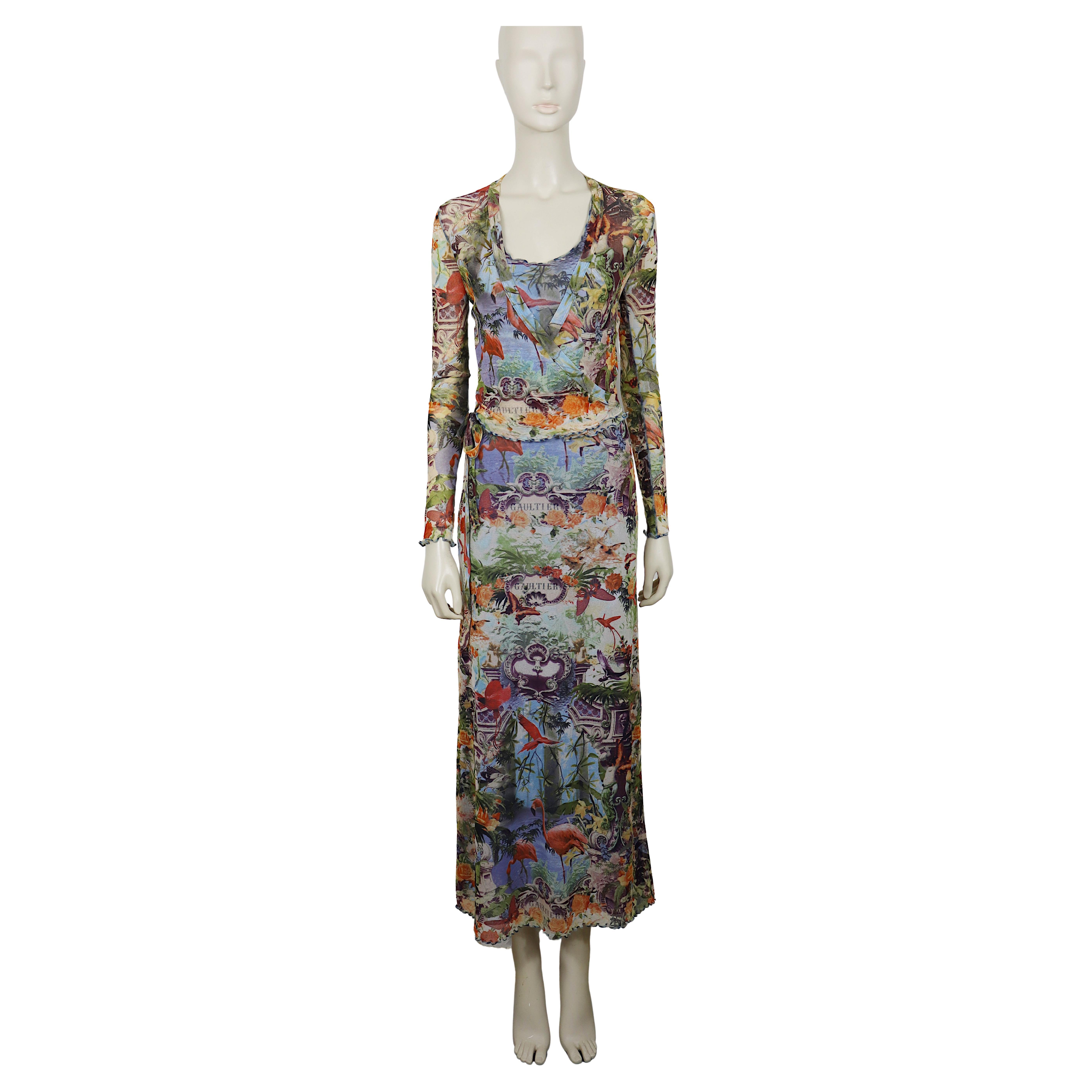 JEAN PAUL GAULTIER Vintage Tropical Flamingo Mesh Two-Piece Ensemble en venta