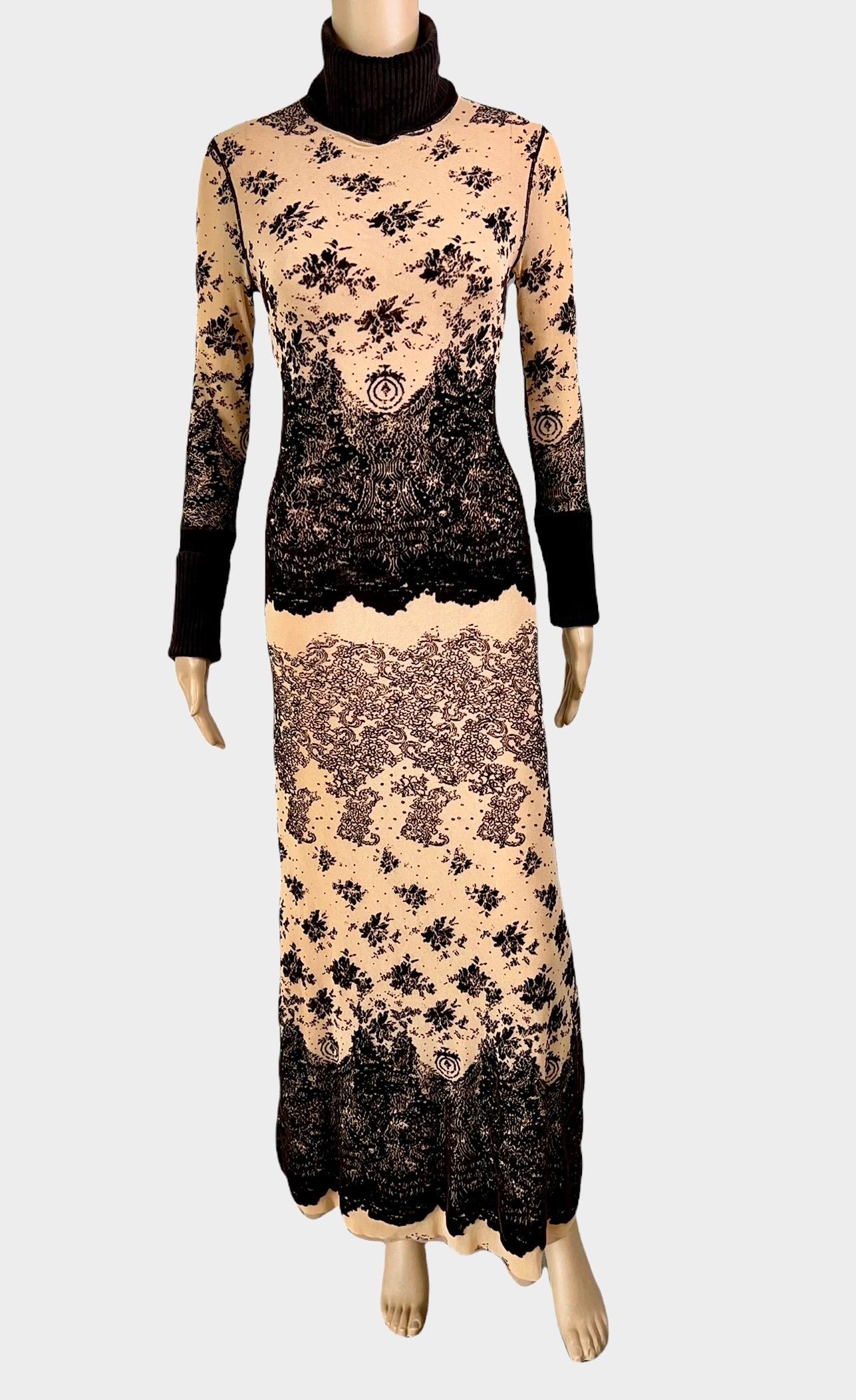 Beige Jean Paul Gaultier Vintage Turtleneck Mesh and Rib Knit Bodycon Maxi Dress For Sale