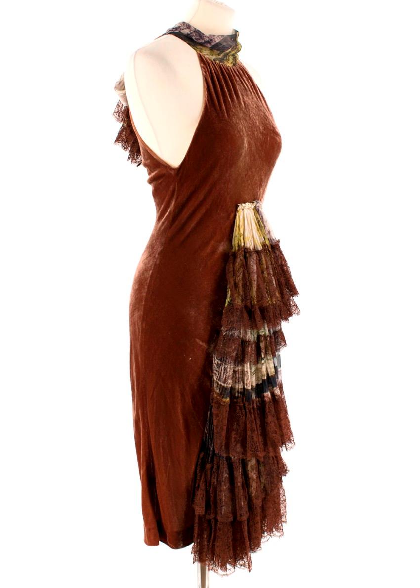 Vintage Jean Paul Gaultier Velvet Halter Neck Dress

- Halter gathered neck dress 
- Patterned chiffon tie neck back with lace trimming
- Front tiered pleated ruffles
- Fitted style
- Large brown lace trimmings
- Concealed zip/hook closure at