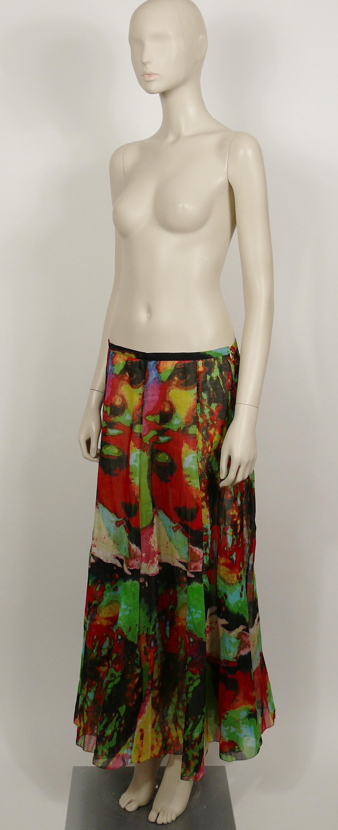 Jean Paul Gaultier Vintage Virbrant Color Faces Sheer Maxi Skirt US Size 10 In Good Condition In Nice, FR