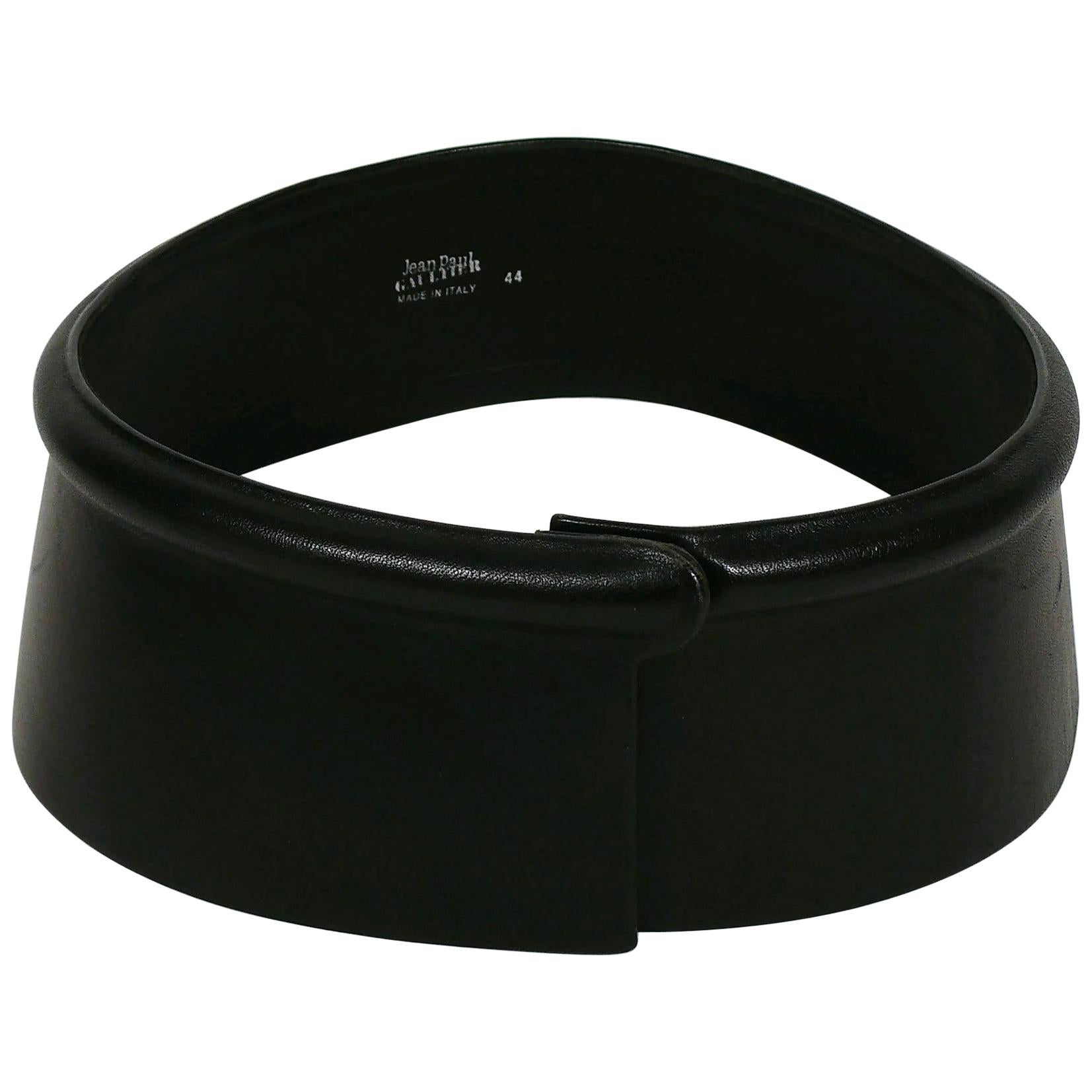 Jean Paul Gaultier Vintage Wide Black Leather Rim Tube Belt For Sale