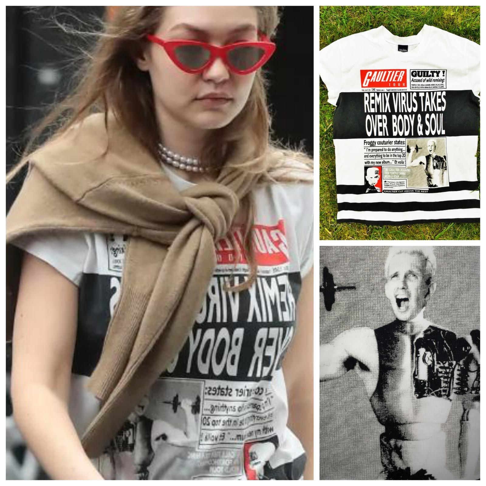Vintage newsletter top by Jean Paul Gaultier!
Gaultier is in the news:) Remix virus takes body & soul!
The same top is worn by Gigi Hadid and Kourtney Kardashian!

New with tag!

SIZE
Women: fits from large to XL.
Men: medium.
Marked size: XL.