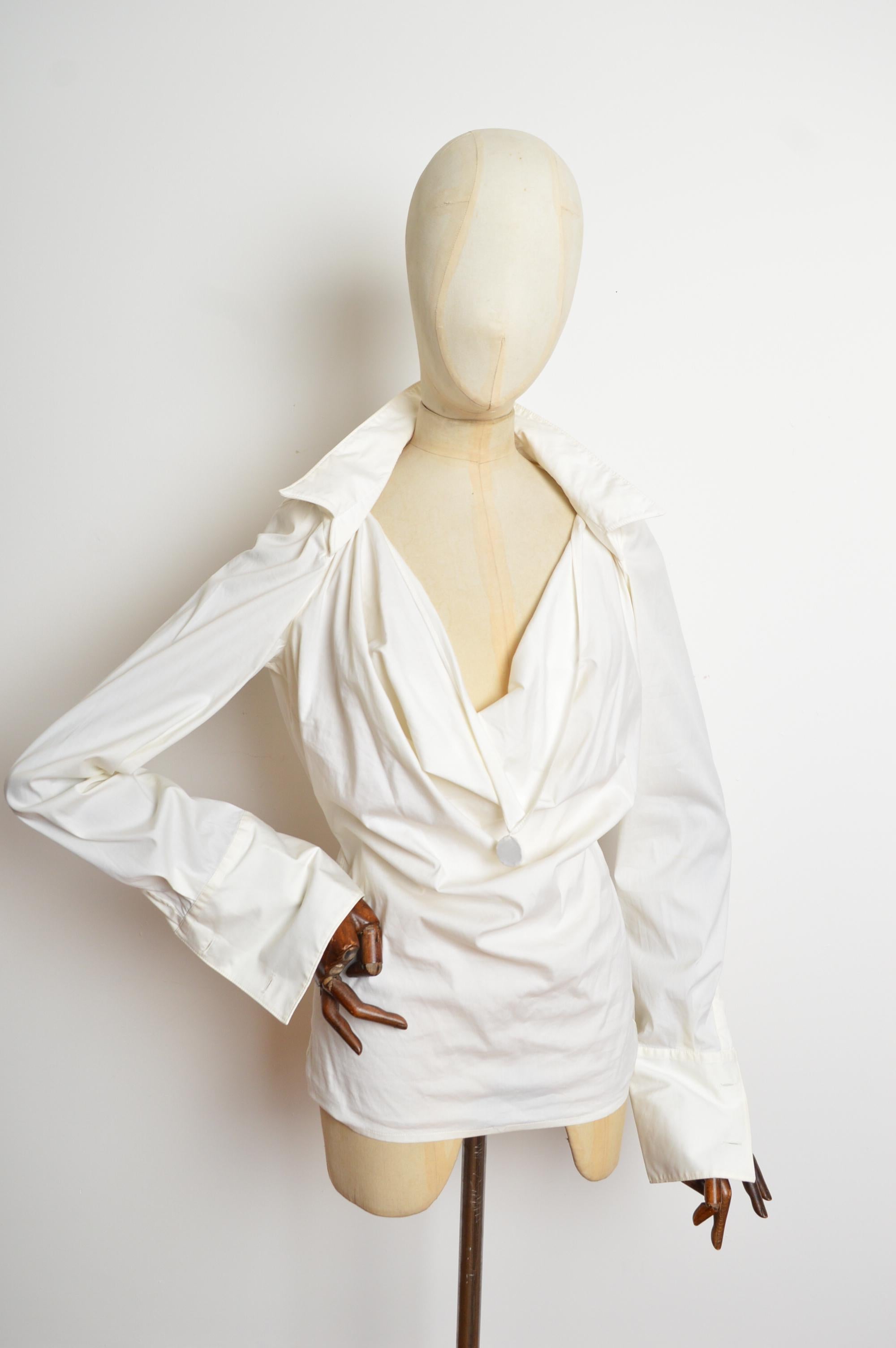 Jean Paul Gaultier Jeans Camicia drappeggiata bianca con insolita costruzione del colletto a punta in vendita 5