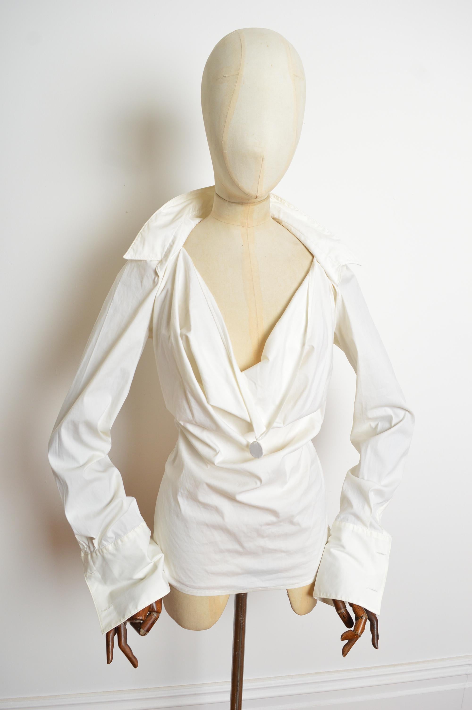 Bianco Jean Paul Gaultier Jeans Camicia drappeggiata bianca con insolita costruzione del colletto a punta in vendita