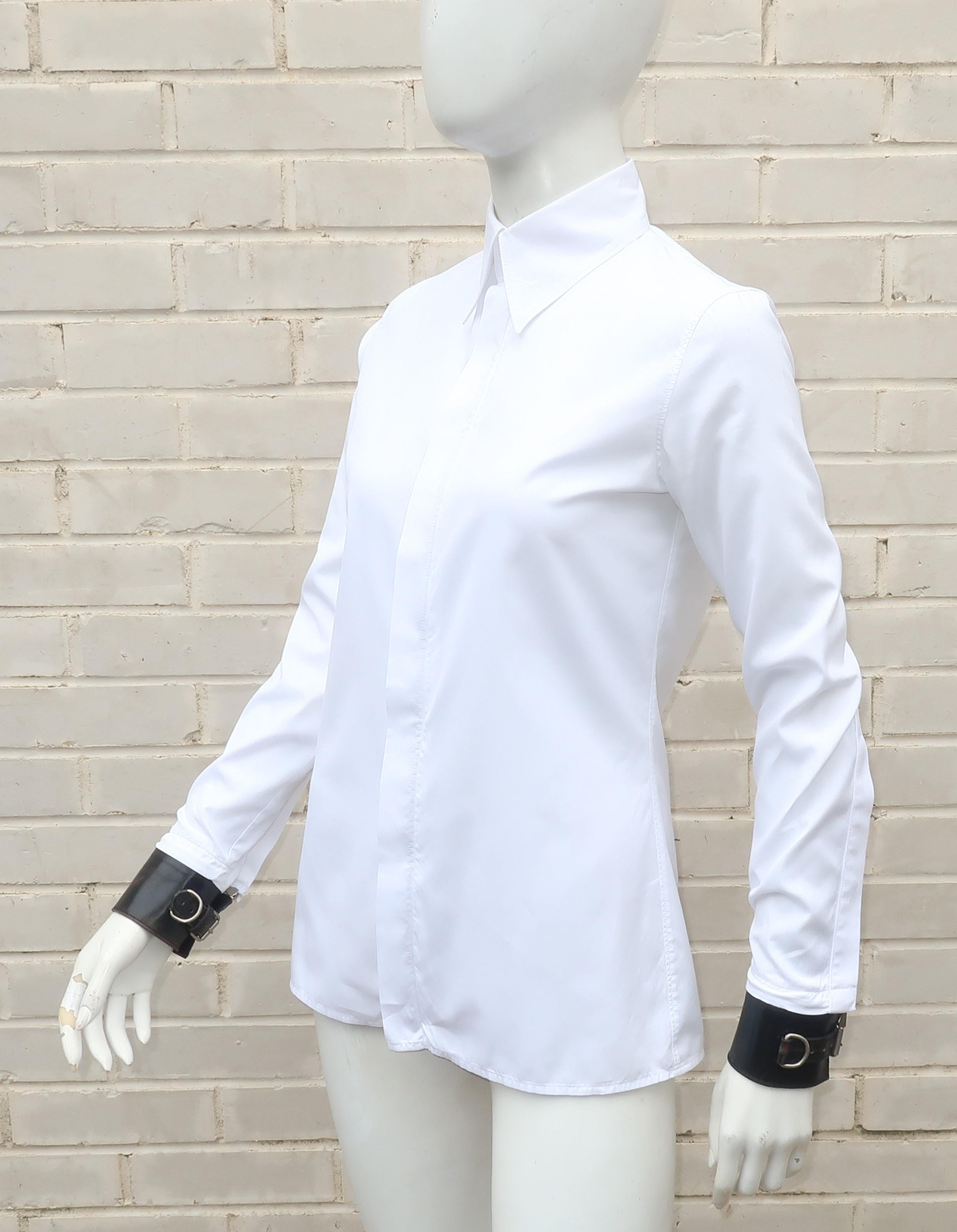 Blue Jean Paul Gaultier White Shirt With Black Leather Restraint Cuffs 