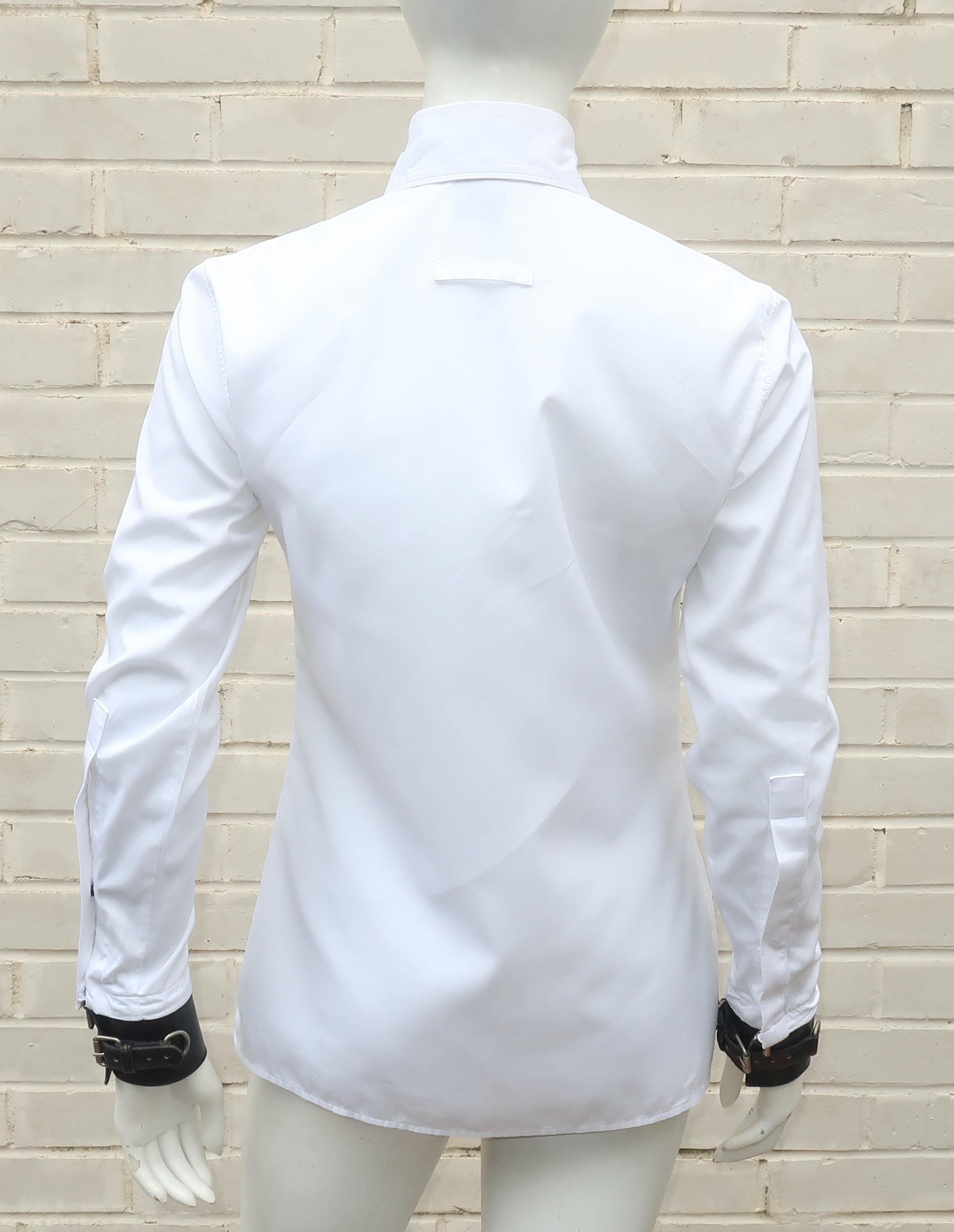 Jean Paul Gaultier White Shirt With Black Leather Restraint Cuffs  In Good Condition In Atlanta, GA