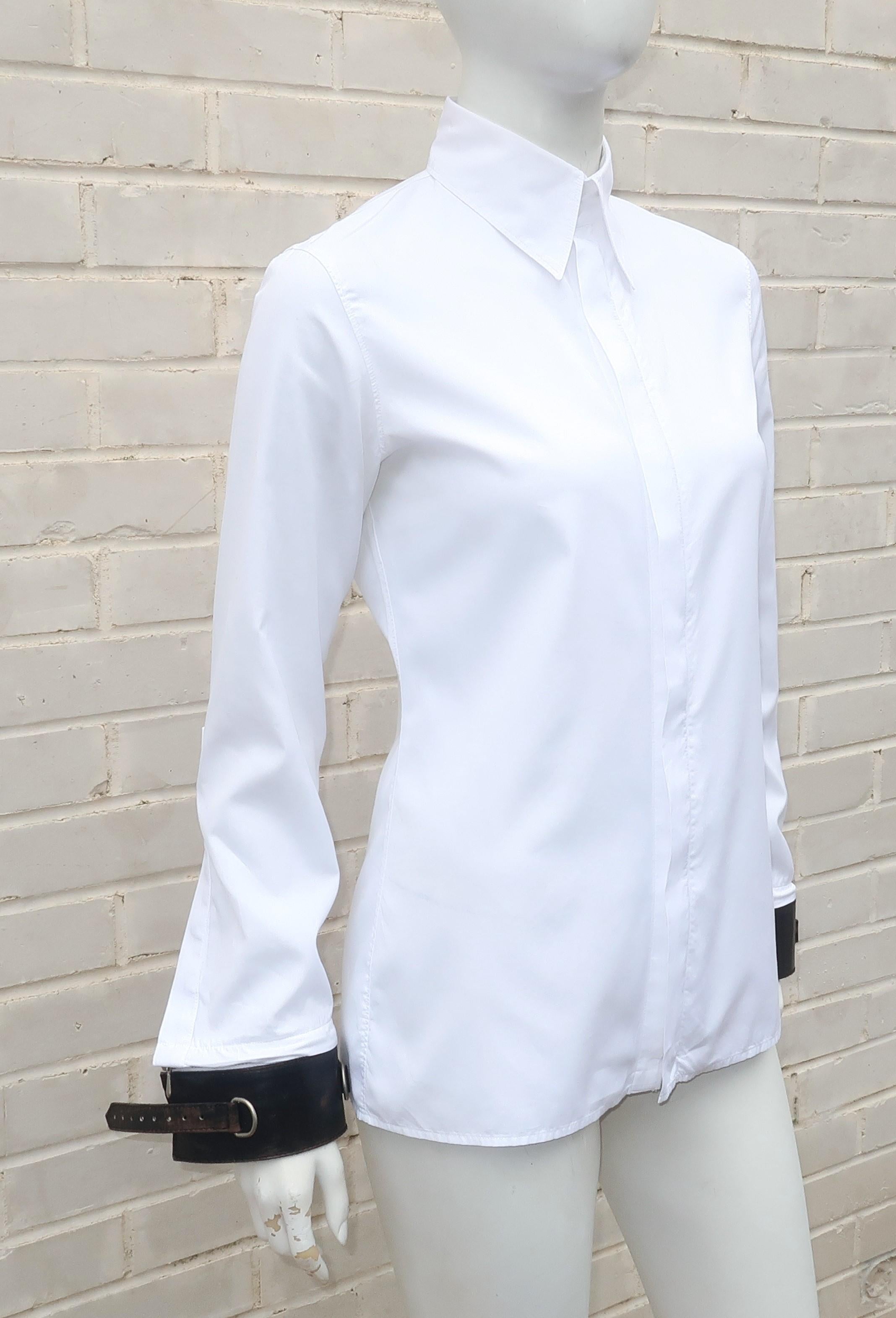 Jean Paul Gaultier White Shirt With Black Leather Restraint Cuffs  1