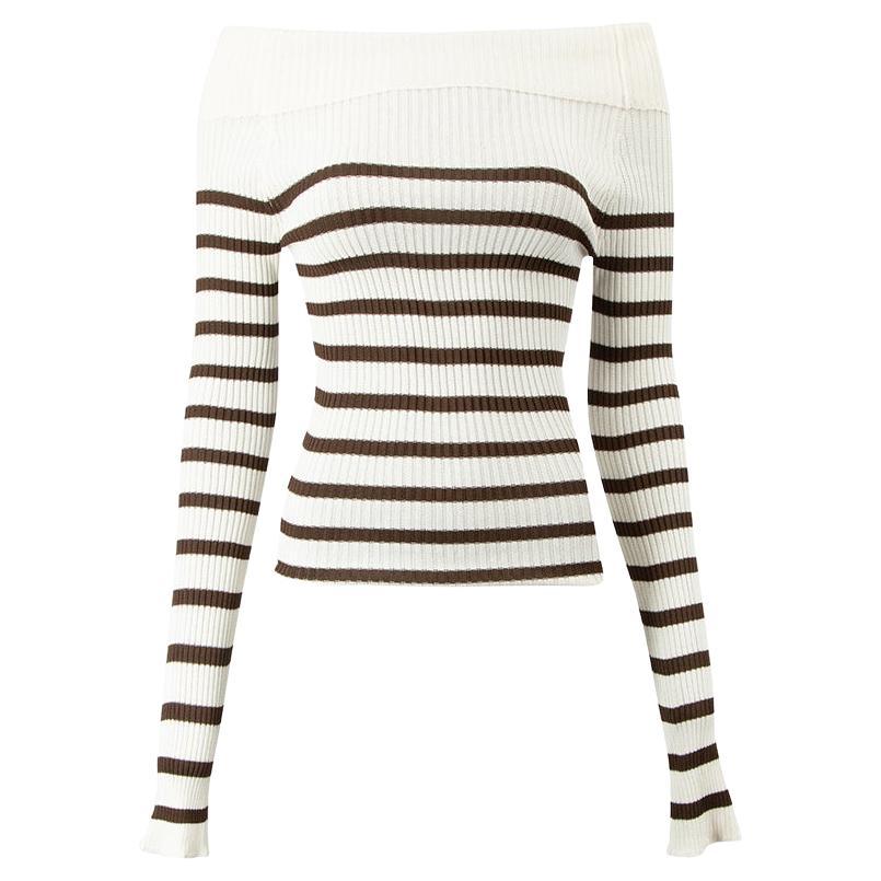 Jean Paul Gaultier Women's Brown & White Striped Off Shoulder Sweater