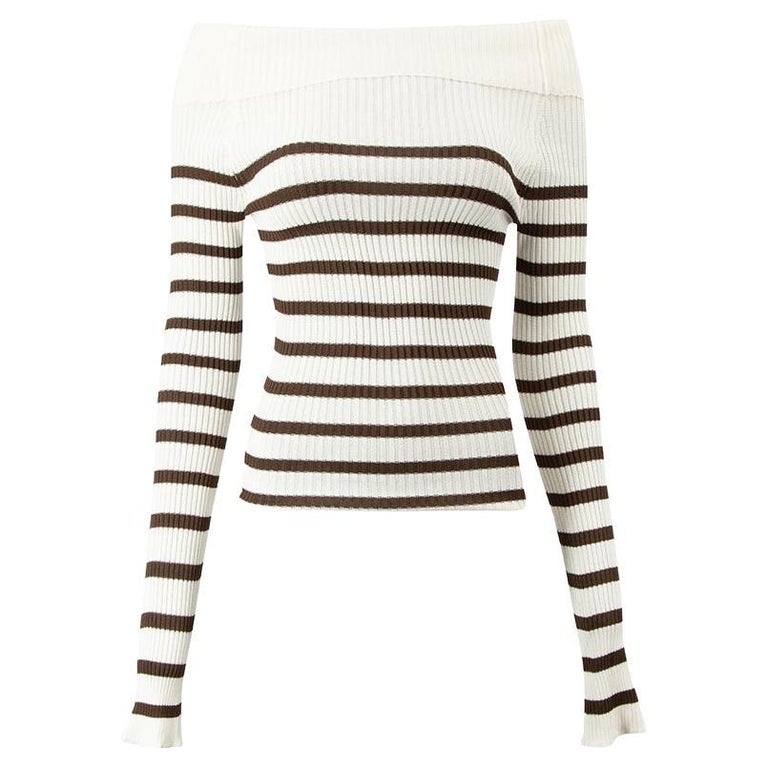 Jean Paul Gaultier Women's Brown and White Striped Off Shoulder Sweater For Sale at 1stDibs