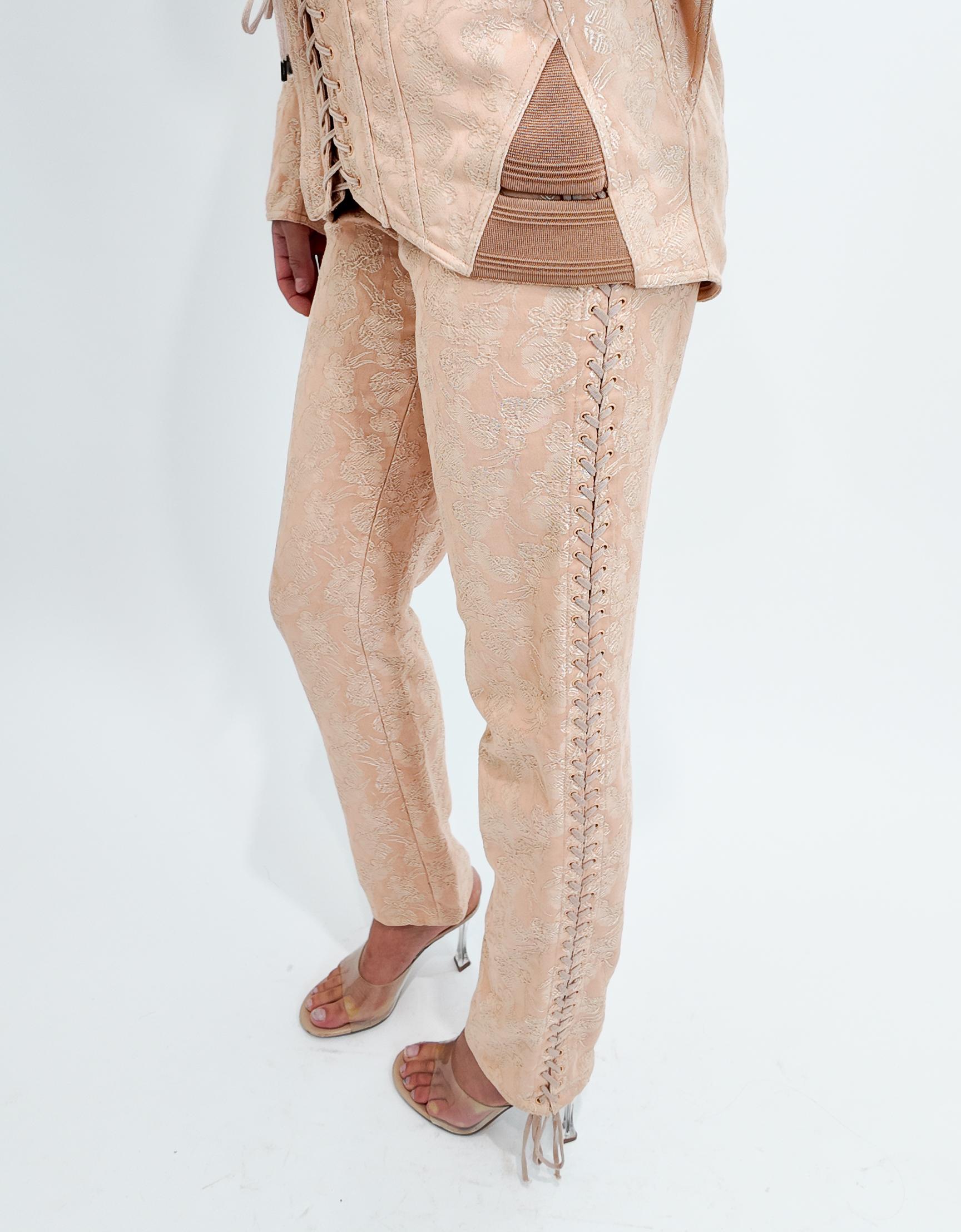 Beige Jean Paul Gaultier Womens Printemps 2004 Combinaison en brocart avec pantalon à découpes en corse en vente