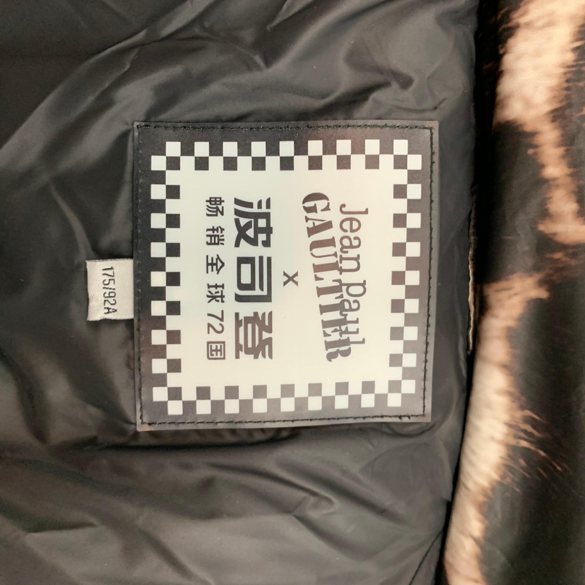 JEAN PAUL GAULTIER x BOSIDENG Brown & White Zebra Print Nylon Down Filled Jacket In Excellent Condition In San Francisco, CA