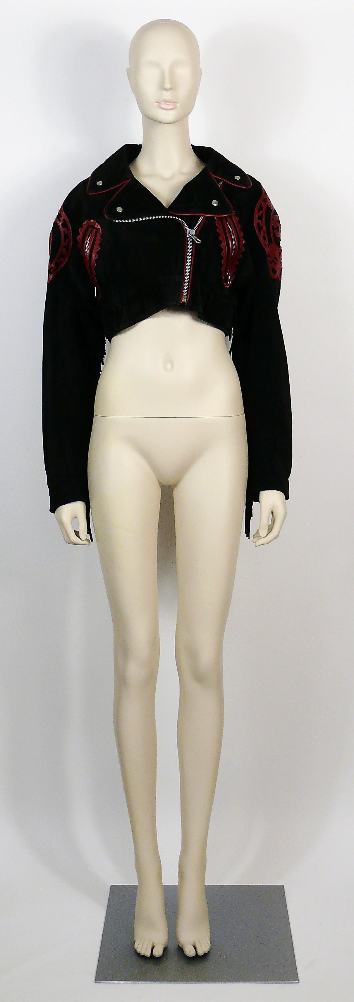 Women's Jean Paul Gaultier x Ghezzi Vintage Black Suede Cropped Fringe Biker Jacket 