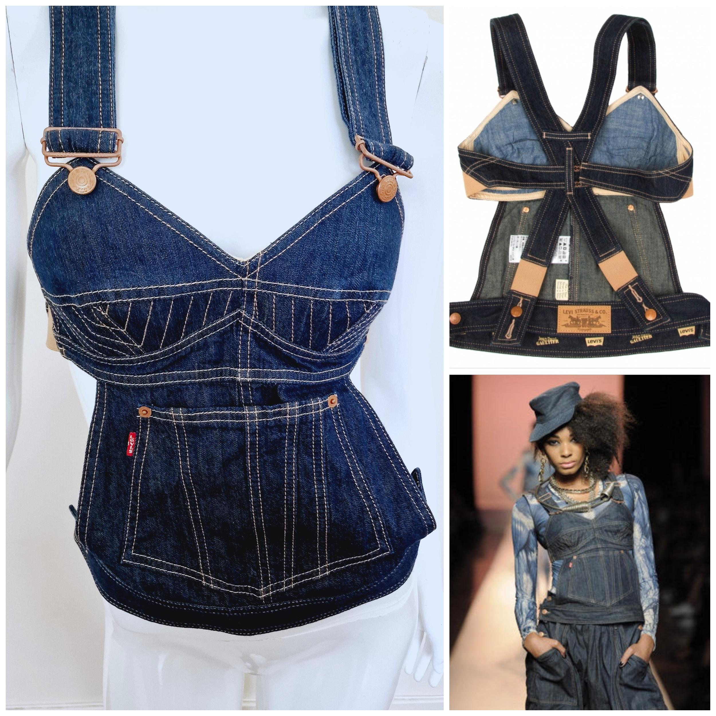 Jean Paul Gaultier X Levi's bustier!
From the Spring Summer 2010 collection!
Runway piece!
Rhianna wore it as well with denim skirt & pants.
EXCELLENT condition!

100% cotton.
Made in Poland.

SIZE
Fits: from XS to S.
Marked size: XS.
Length: 52 cm