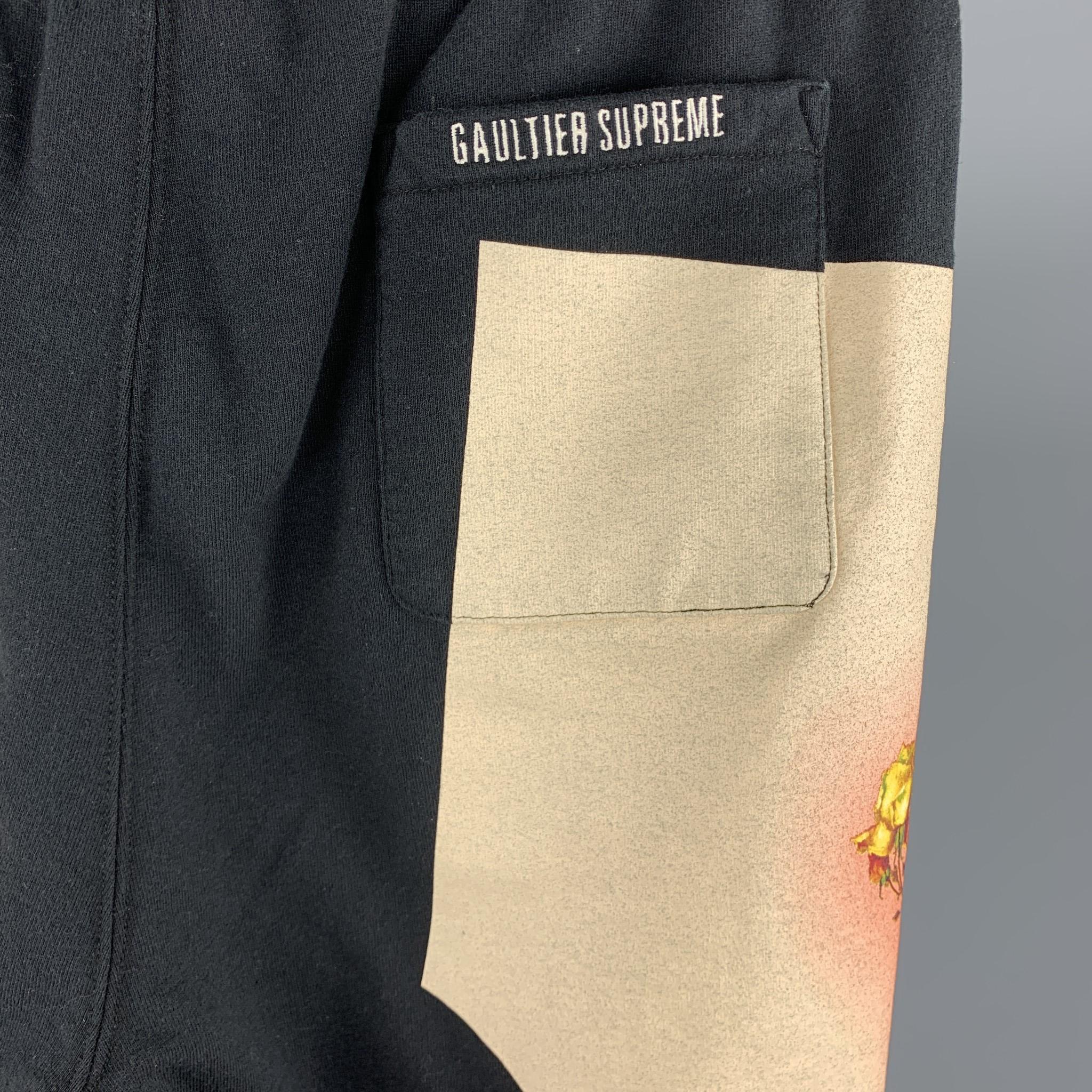 JEAN PAUL GAULTIER x SUPREME Size XL Black & Beige Print Cotton Sweatpants In Good Condition In San Francisco, CA