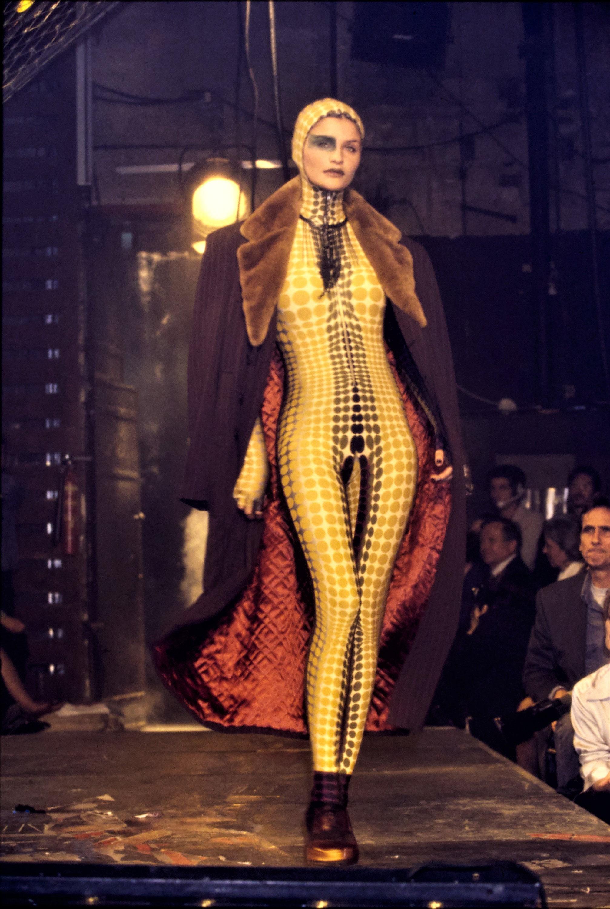 Jean Paul Gaultier yellow cyber dots hooded catsuit, fw 1995  For Sale 1