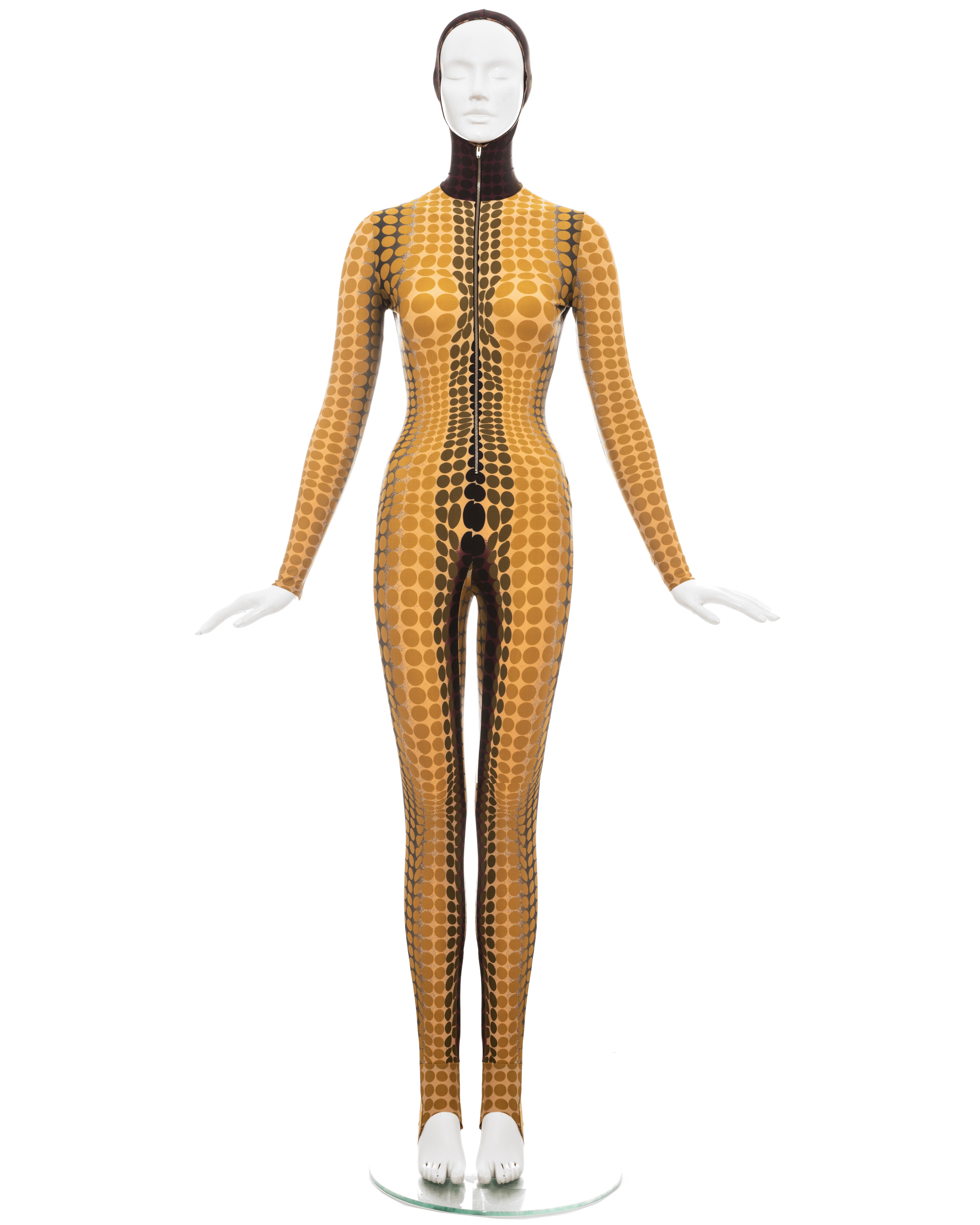Jean Paul Gaultier yellow cyber dots lycra printed bodystocking / catsuit with fitted hood and zip front closure. 

Fall-Winter 1995