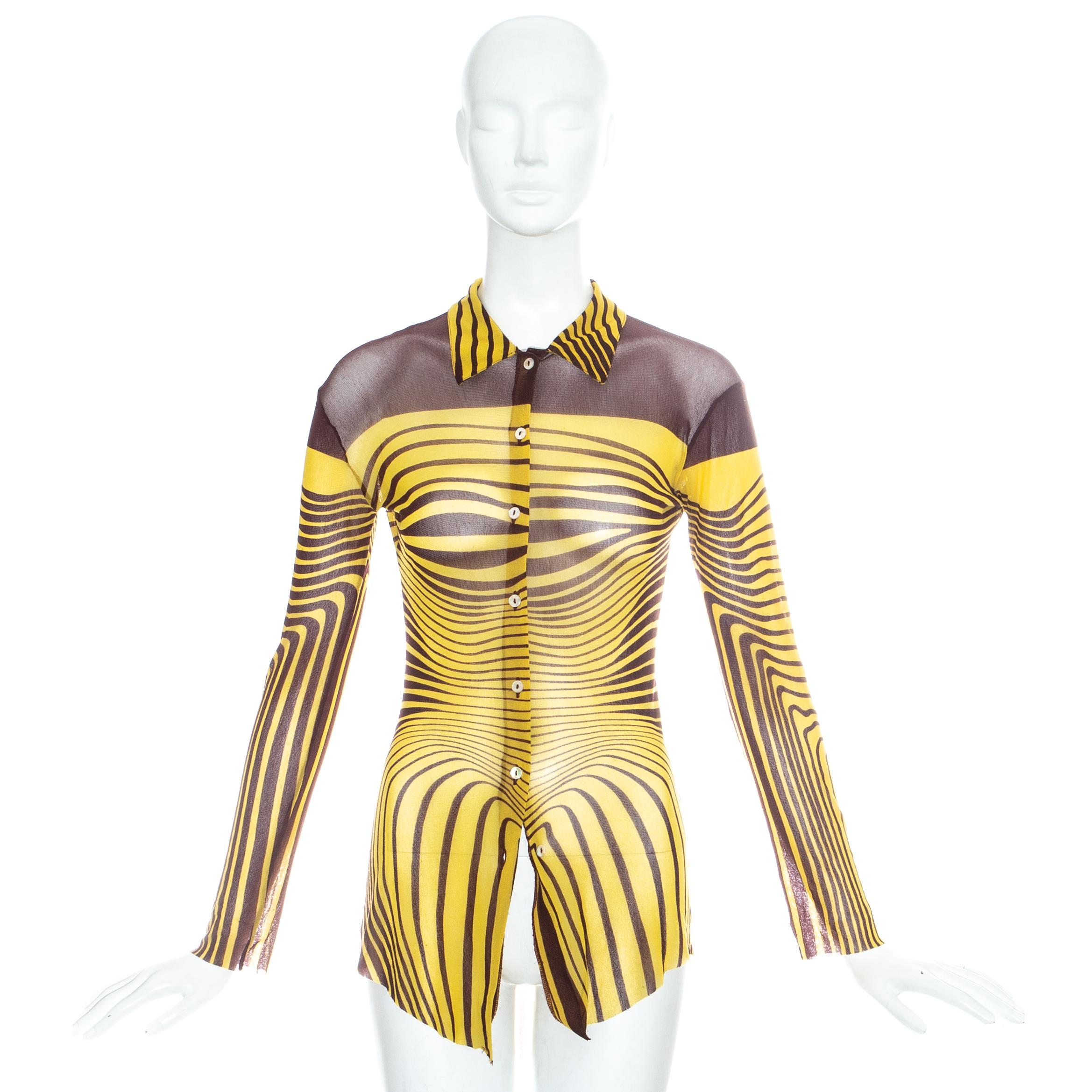 Jean Paul Gaultier; yellow and brown optical illusion printed mesh button up shirt

Spring-Summer 1996