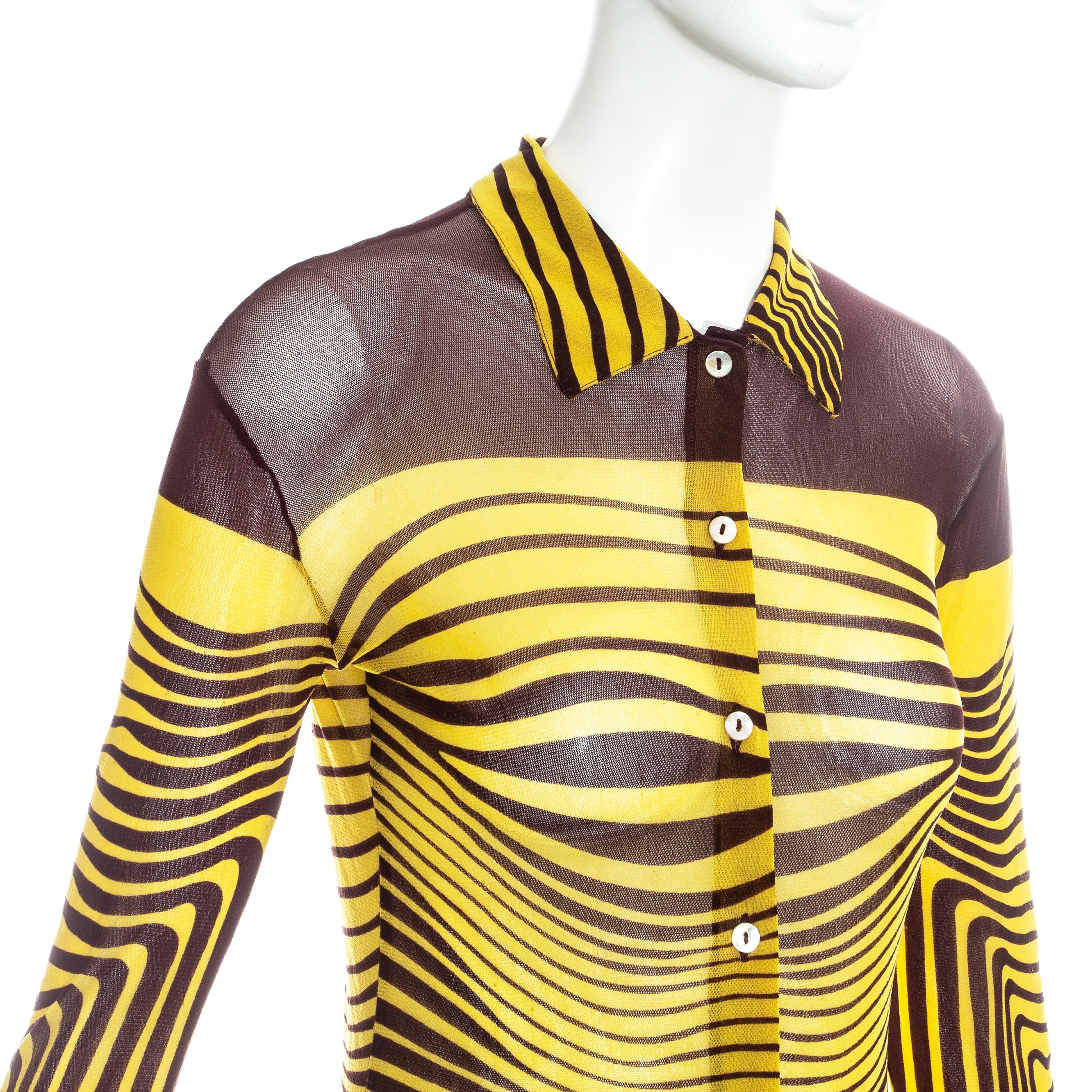 Beige Jean Paul Gaultier yellow optical illusion printed mesh shirt, ss 1996