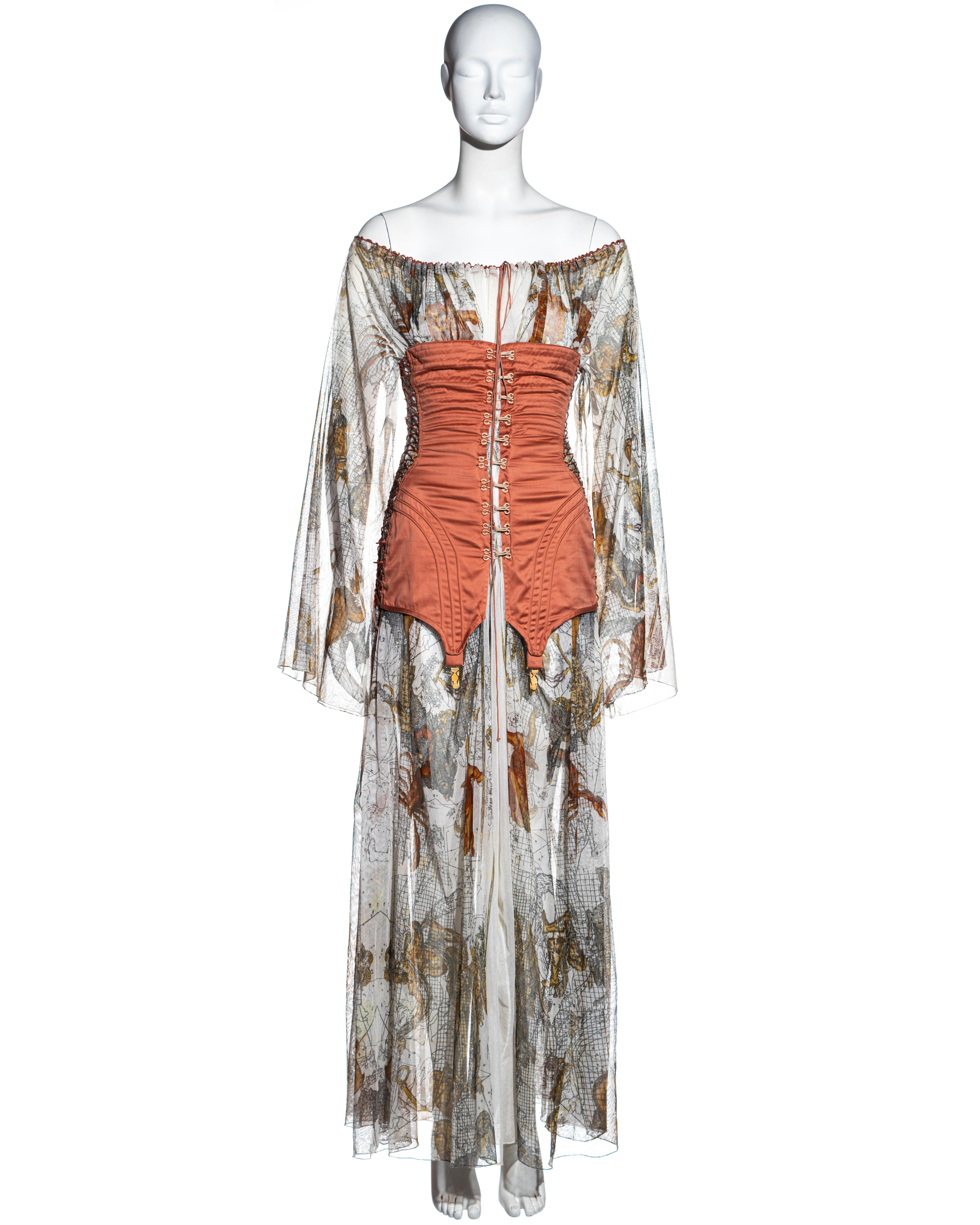 ▪ Jean Paul Gaultier 'Joan of Arc' cotton muslin maxi dress
▪ Zodiac map print 
▪ Appliqued salmon corset with garter straps 
▪ Hook fastenings to the front opening 
▪ Lace-up fastenings to the back and side openings 
▪ Drawstring fastening to the