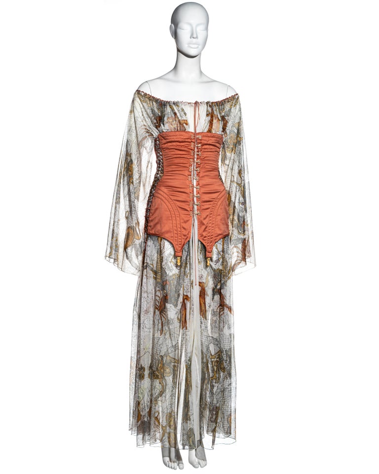 Jean Paul Gaultier zodiac print cotton muslin corset off shoulder dress, ss 1994 In Excellent Condition For Sale In London, GB