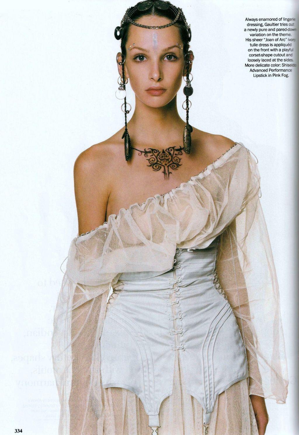 Women's Jean Paul Gaultier zodiac print cotton muslin corset off shoulder dress, ss 1994