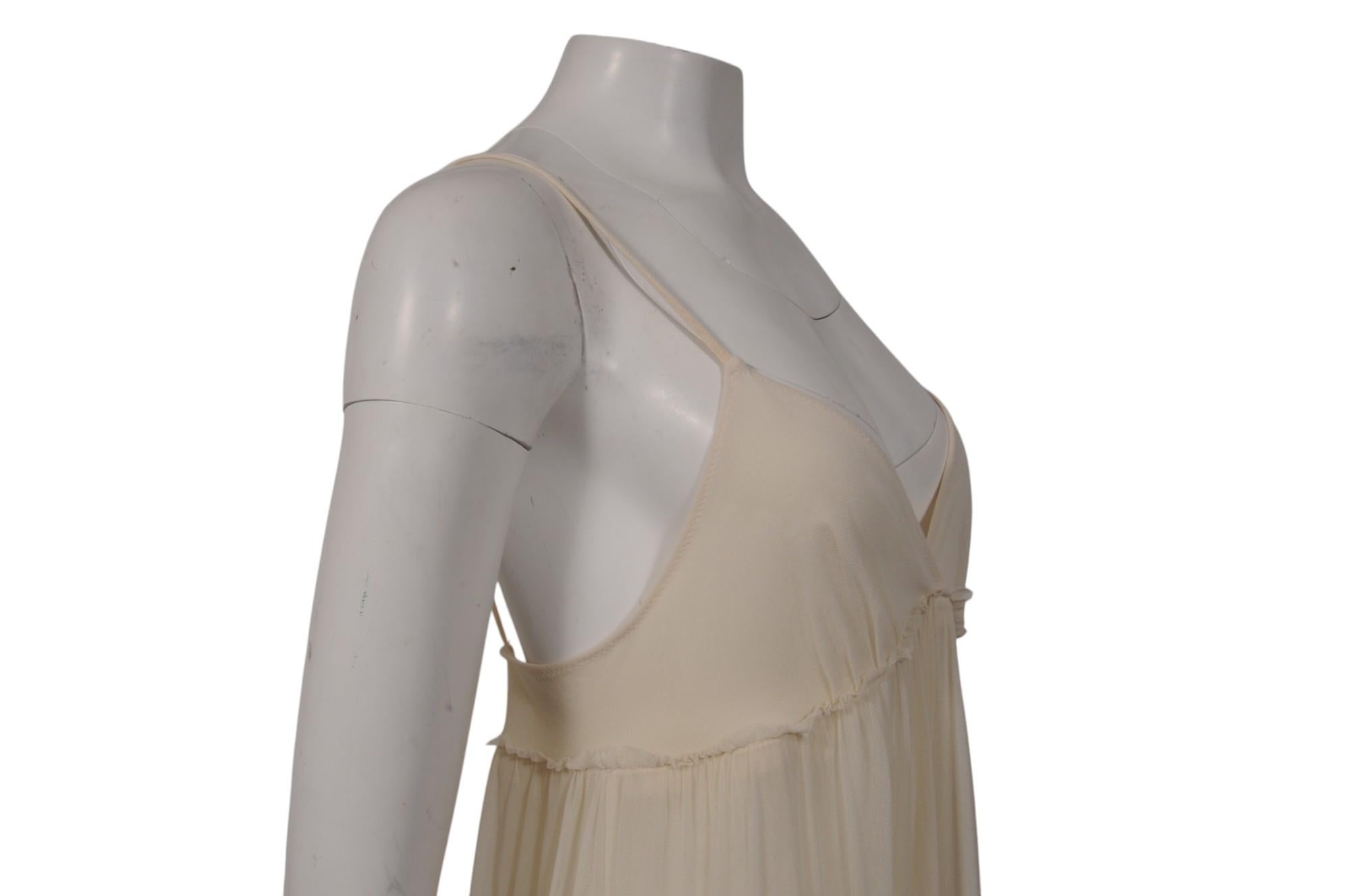Jean Paul Gautier Vestido de cuello en V con volantes de color crudo de los años 2000 Talla grande Tan WhiteSpaghetti en venta 1