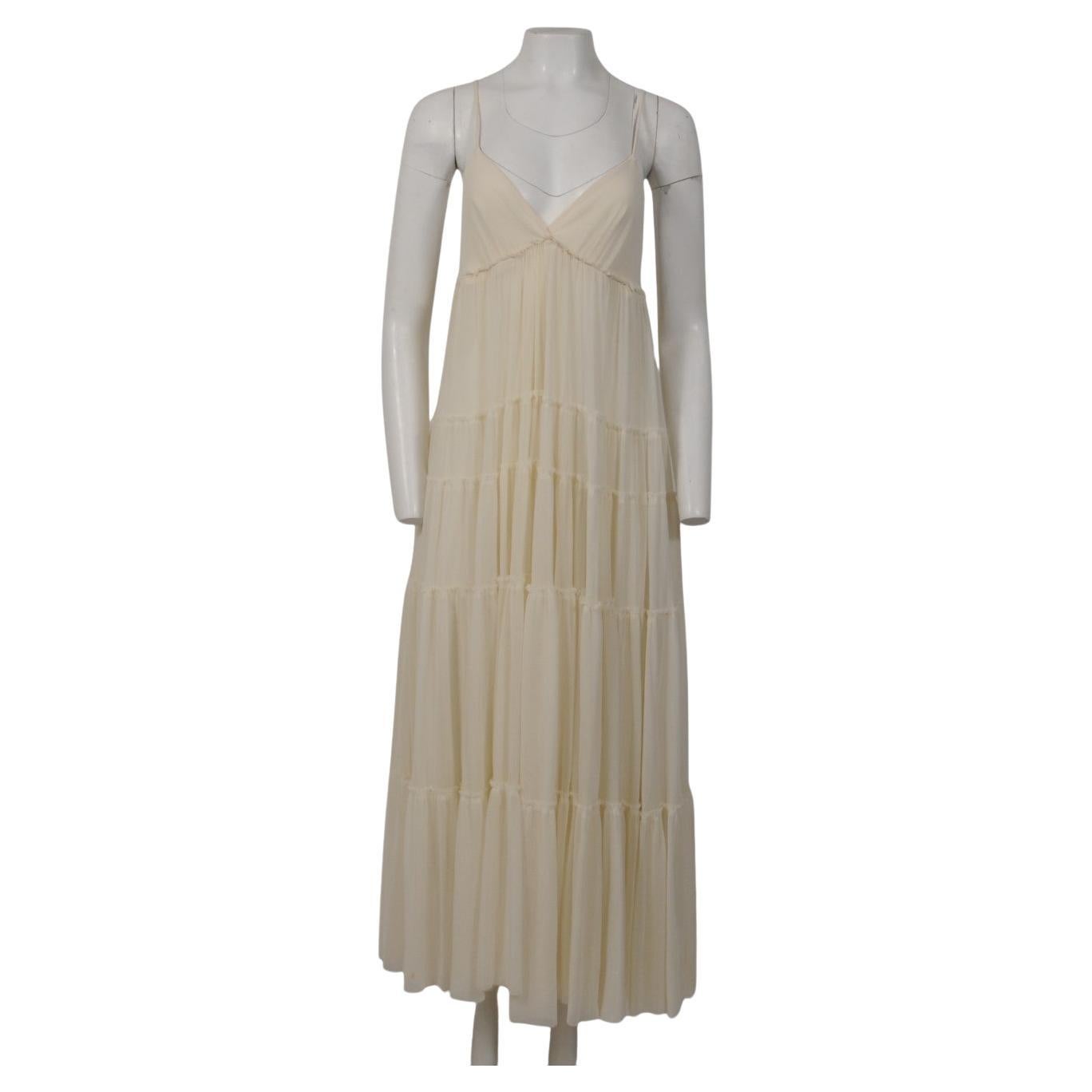 V.I.I. Jean Gautier Ecru Ruffle 2000's V Neck Dress Size Large Tan WhiteSpaghetti
