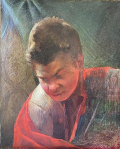 Study of an actor, ca 1880 dramatic oil young man staring into fire 19th Century