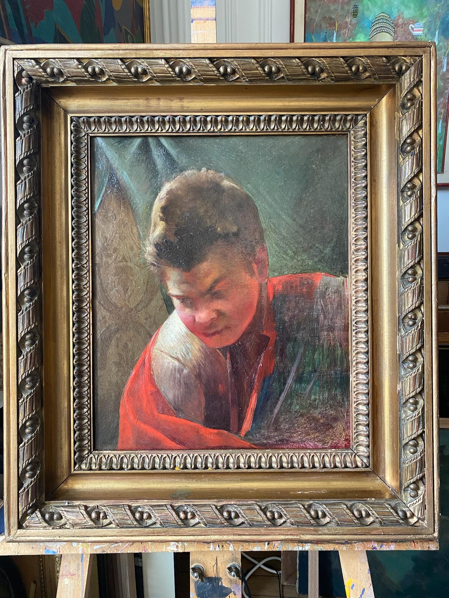 Study of an actor, ca 1880 dramatic oil young man staring into fire 19th Century - Academic Painting by Jean-Paul Laurens