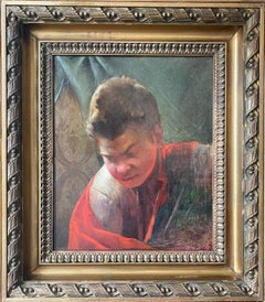 Antique Study of an actor, ca 1880 dramatic oil young man staring into fire 19th Century
