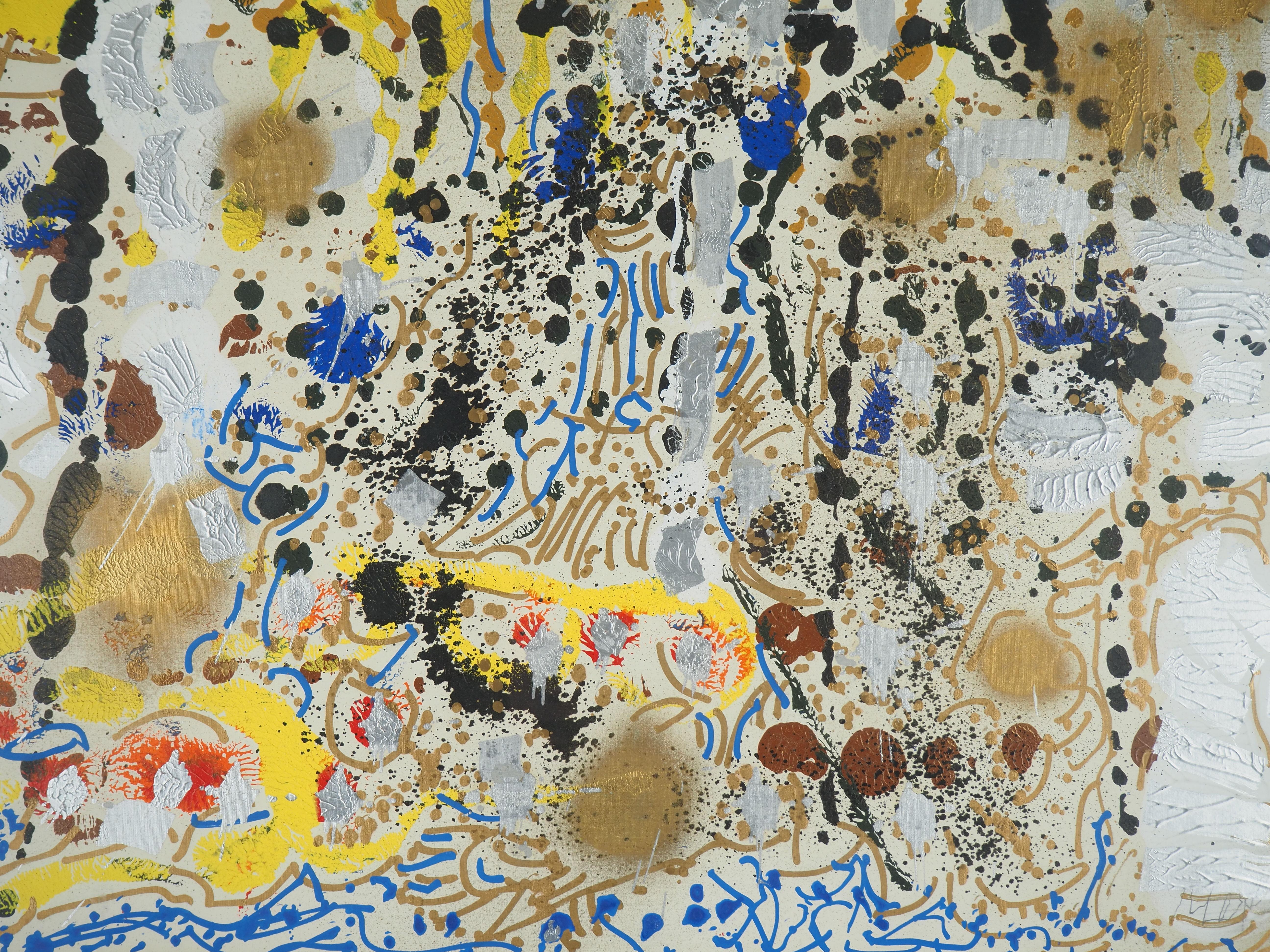 Jean-Paul Riopelle (1923-2002)
Composizione astratta, c. 1989

Pittura acrilica e inchiostro su carta montata su tela
Firmato a matita in basso a destra
Su tela: 52 x 66 cm
Presentato in una cornice di legno di 67 x 81 cm

Informazioni: Da una
