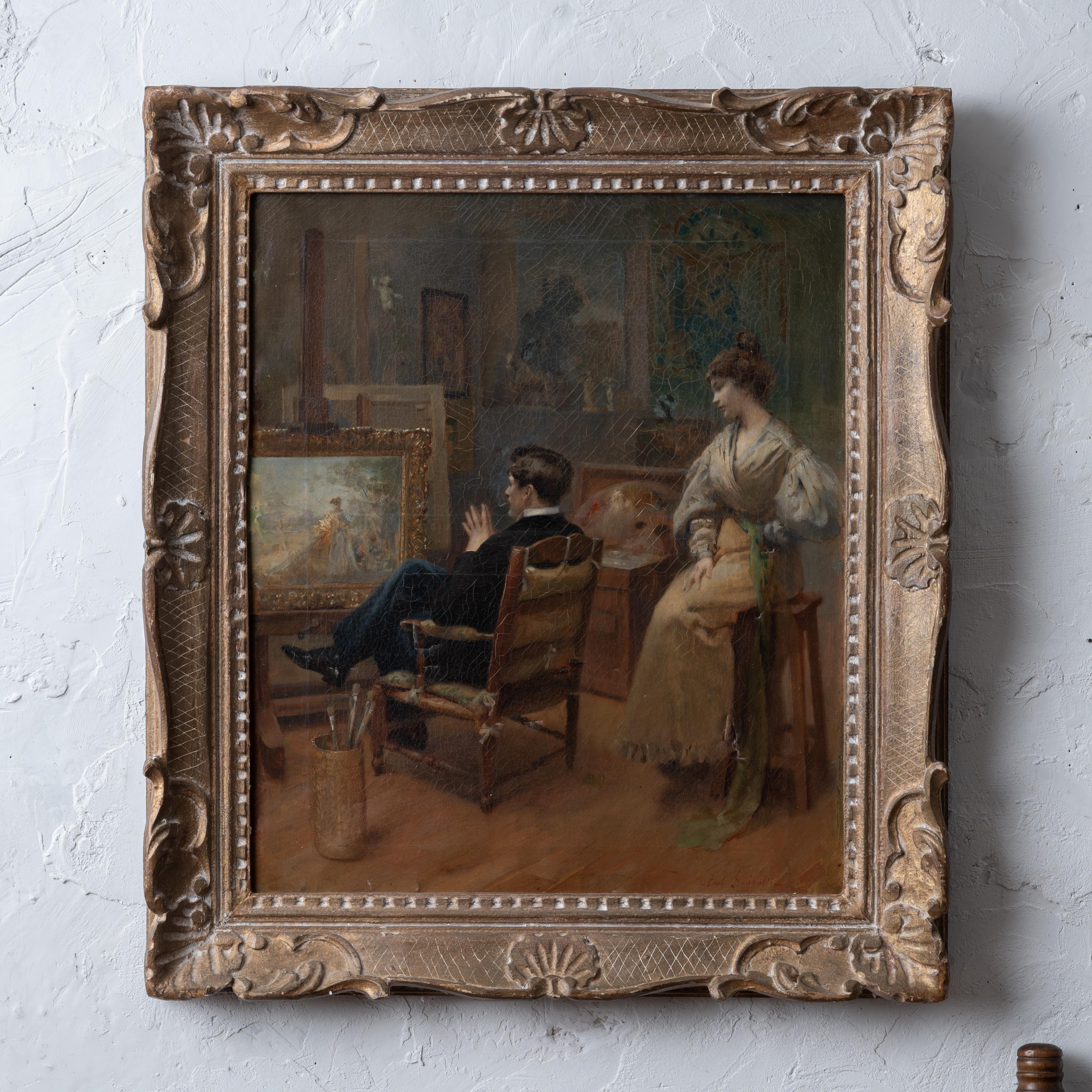 Jean Paul Sinibaldi
(French, 1857-1909)



An oil on canvas of a Parisian artist in his studio with woman in Japonisme fashion, circa 1885.  

Sinibaldi studied at École des Beaux-Arts under Alfred Stevens.  This painting is very much in the style