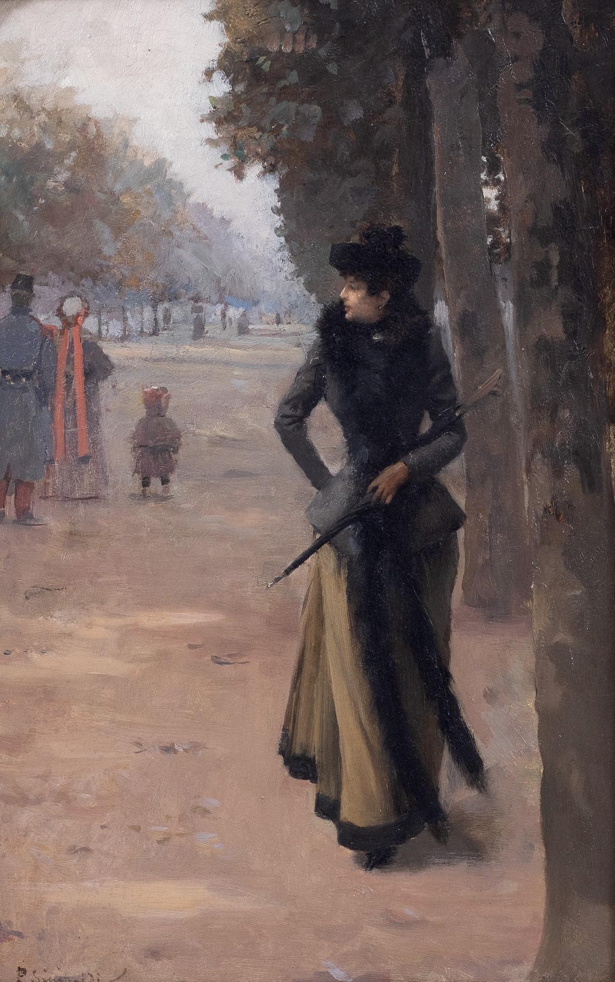 Elegante Pariser Spaziergänger in einem öffentlichen Garten – Painting von Jean Paul Sinibaldi