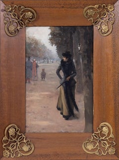 Elegant Parisian strolling in a public garden